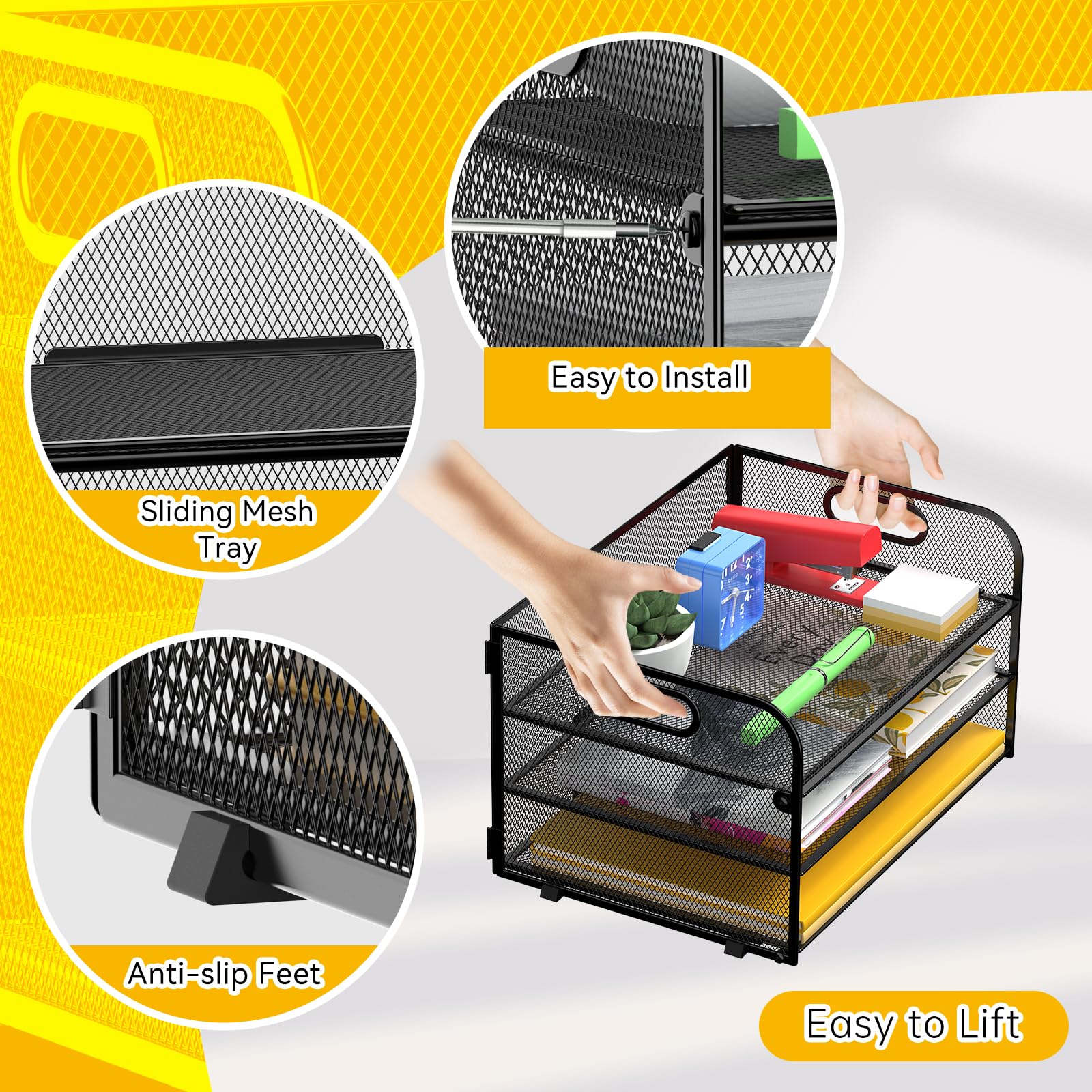 3 Tier Mesh Desk File Organizer with Handle - Black Paper Letter Tray for Office, Home & School - Perfect for Organizing Documents, Mail & Office Supplies (1 Pack)