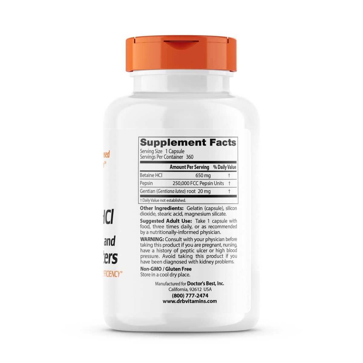 Doctor's Best Betaine HCL with Pepsin & Gentian Bitters - 360 Capsules for Digestive Support | Stomach Acid Relief & Gut Health Supplement | Ideal for Heartburn, Bloating & Protein Digestion