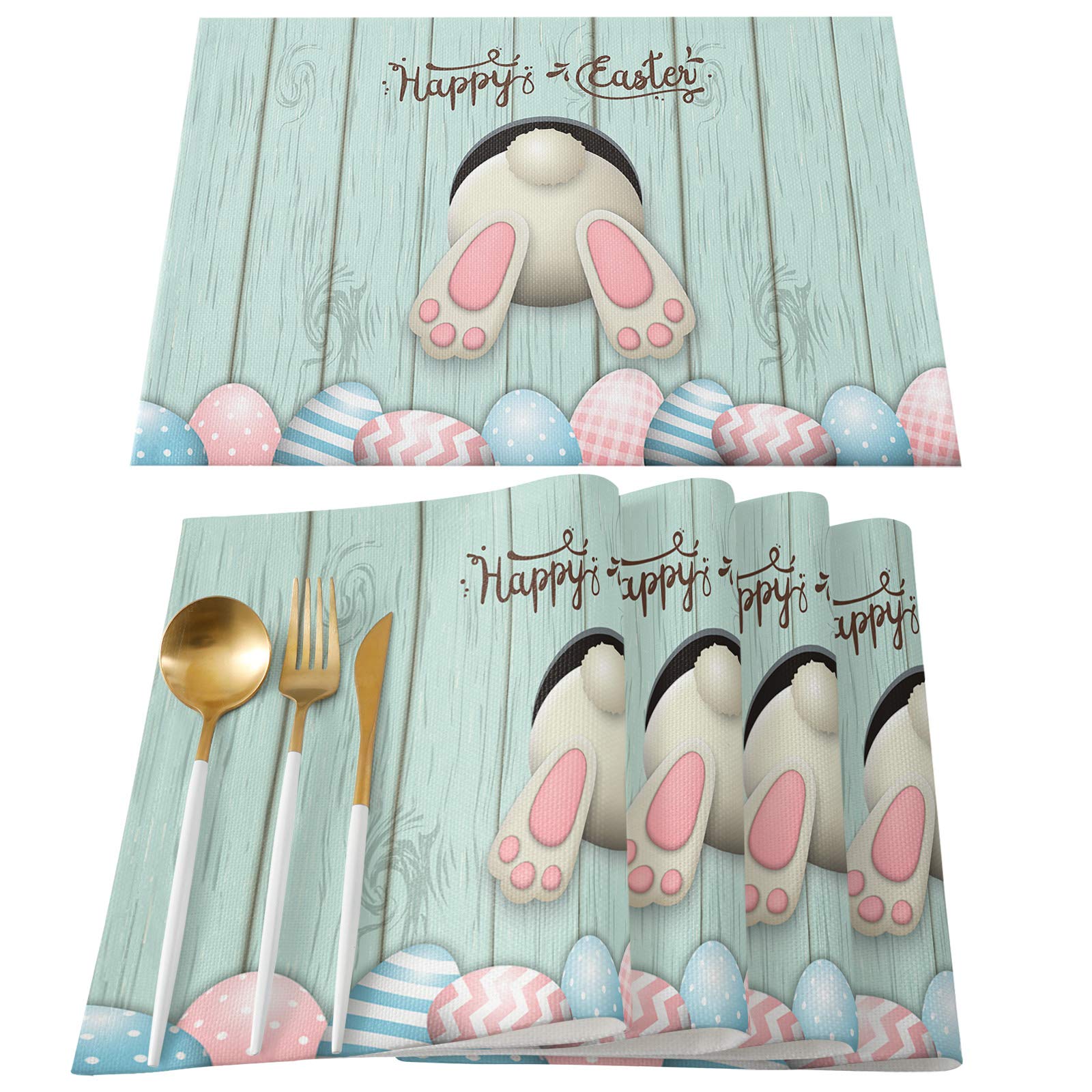 Easter Bunny Placemats Set of 4 - Cotton Linen Washable Table Mats 13x19 Inch for Dining Table, Kitchen & Home Decor - Spring Floral Rabbit Design for Easter Brunch, Holiday Dinner & Seasonal Home Decoration