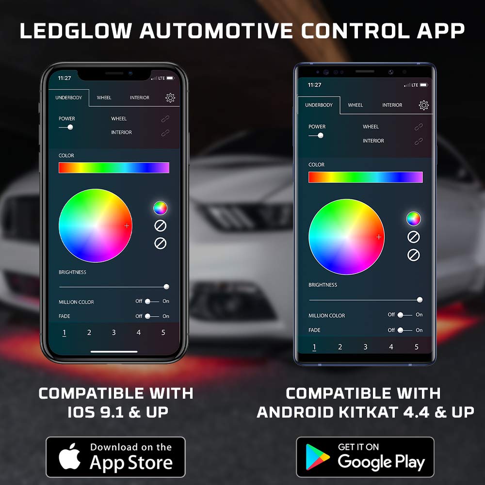 LEDGlow 4-Piece Bluetooth RGB LED Underbody Underglow Kit & 2-Piece Interior Footwell Lighting for Cars - 16 Million Colors - Smartphone App Control - Customizable Courtesy Lights - Perfect for Car Shows, Night Driving & Vehicle Customization