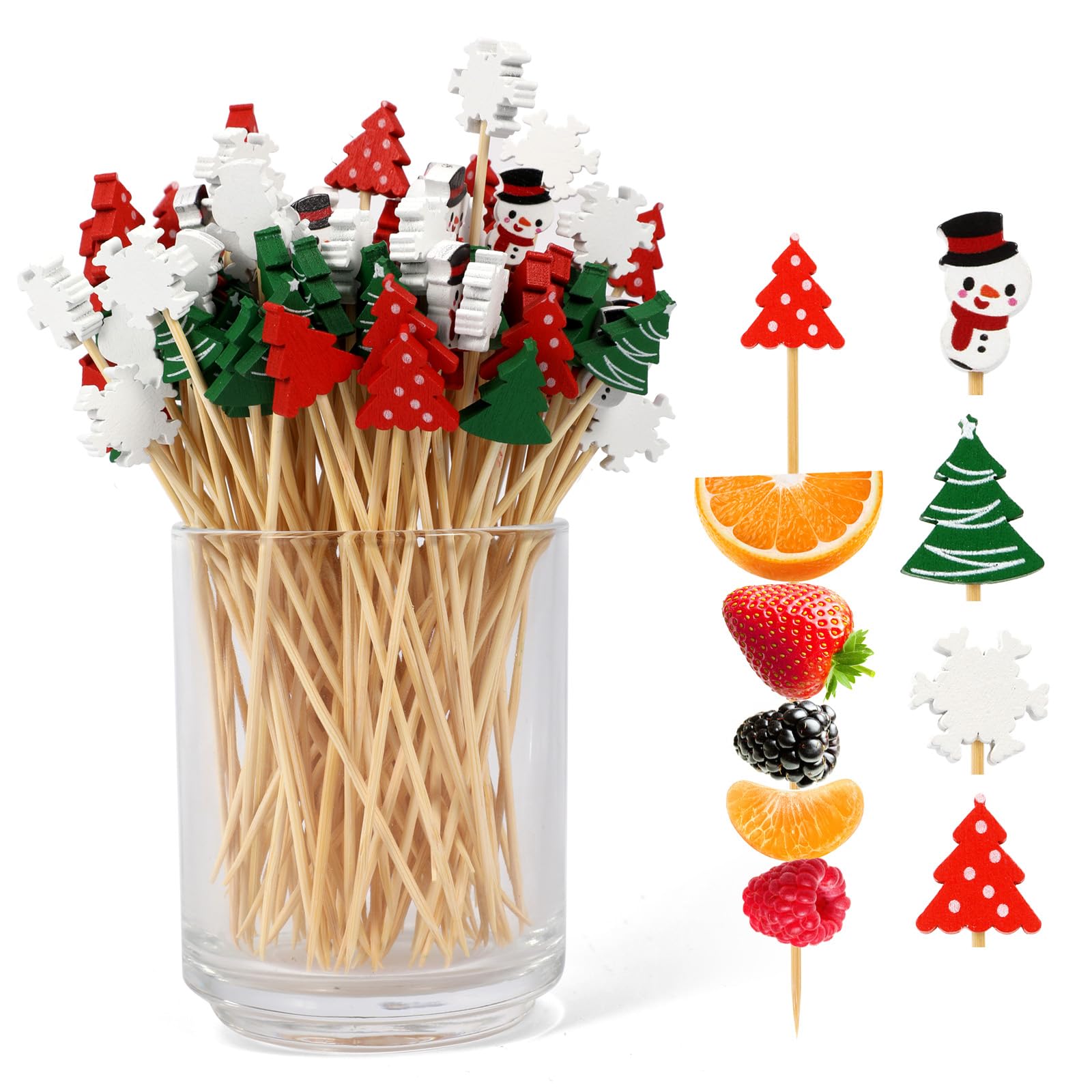 200 Christmas Cocktail Picks - 13cm Bamboo Toothpicks with Tree, Snowflake & Snowman Designs for Drinks, Appetizers, Fruit & Party Food Decoration | Perfect for Holiday Gatherings, Christmas Parties & Festive Entertaining