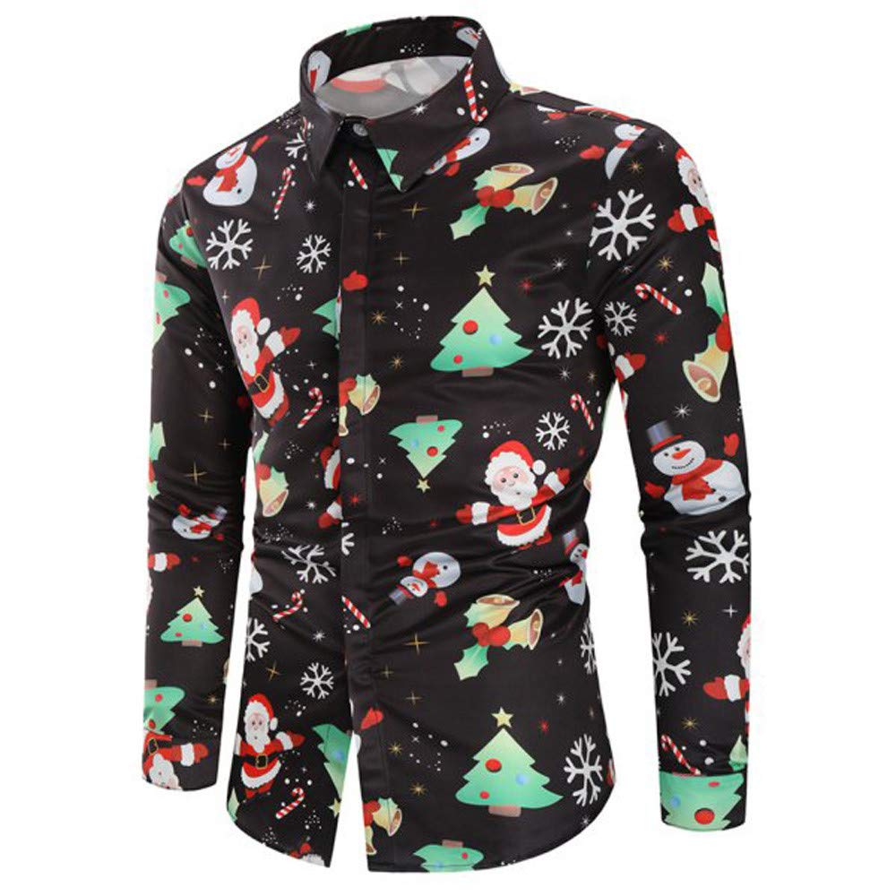 Men's Casual Christmas Shirt - Snowflakes & Santa Candy Printed Top Blouse for Holiday Parties & Family Gatherings