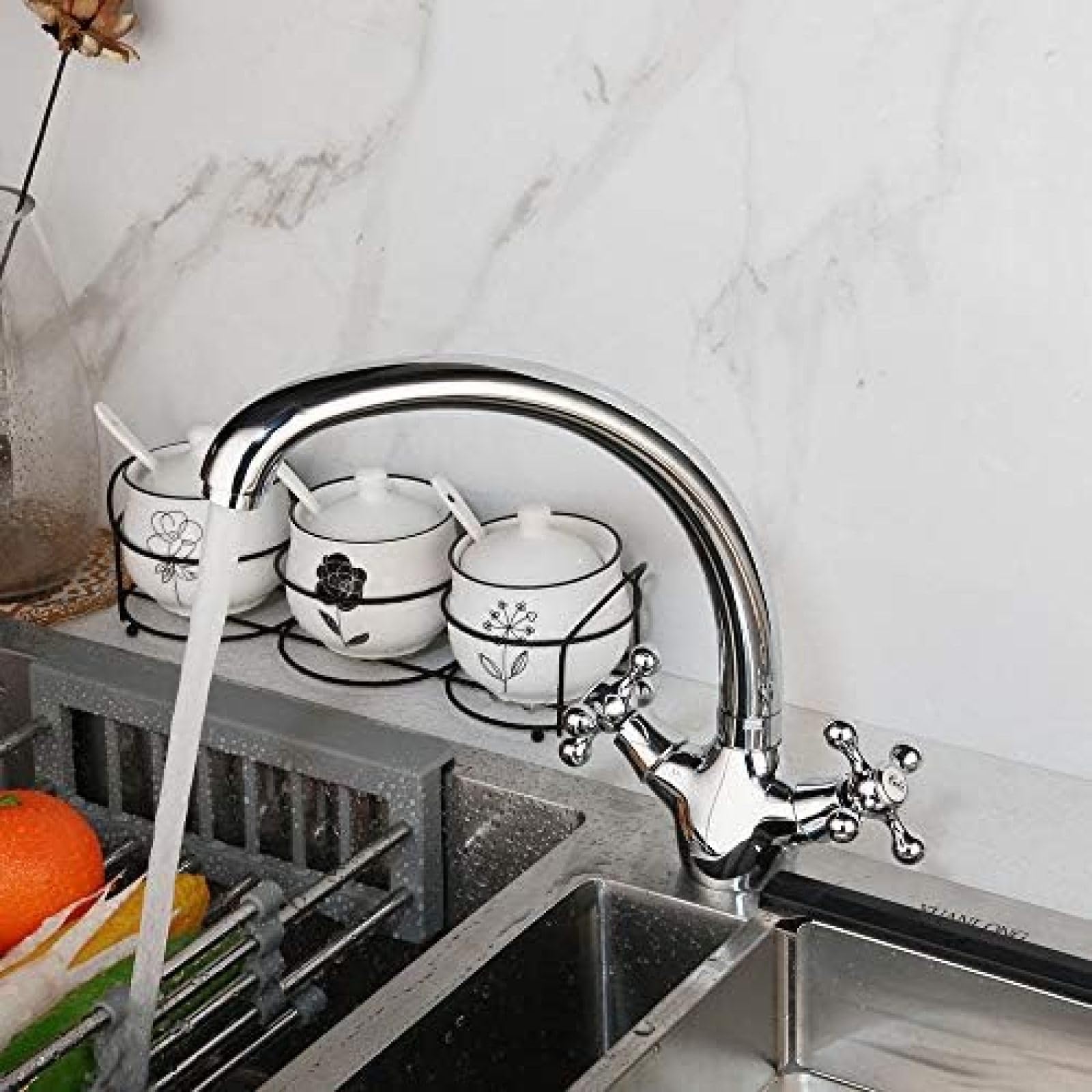 CRJUS 2-Handle Stainless Steel Kitchen Faucet with 360° Swivel Spout, Hot & Cold Water Mixer Tap, Chrome Finish for Modern Kitchen Sink