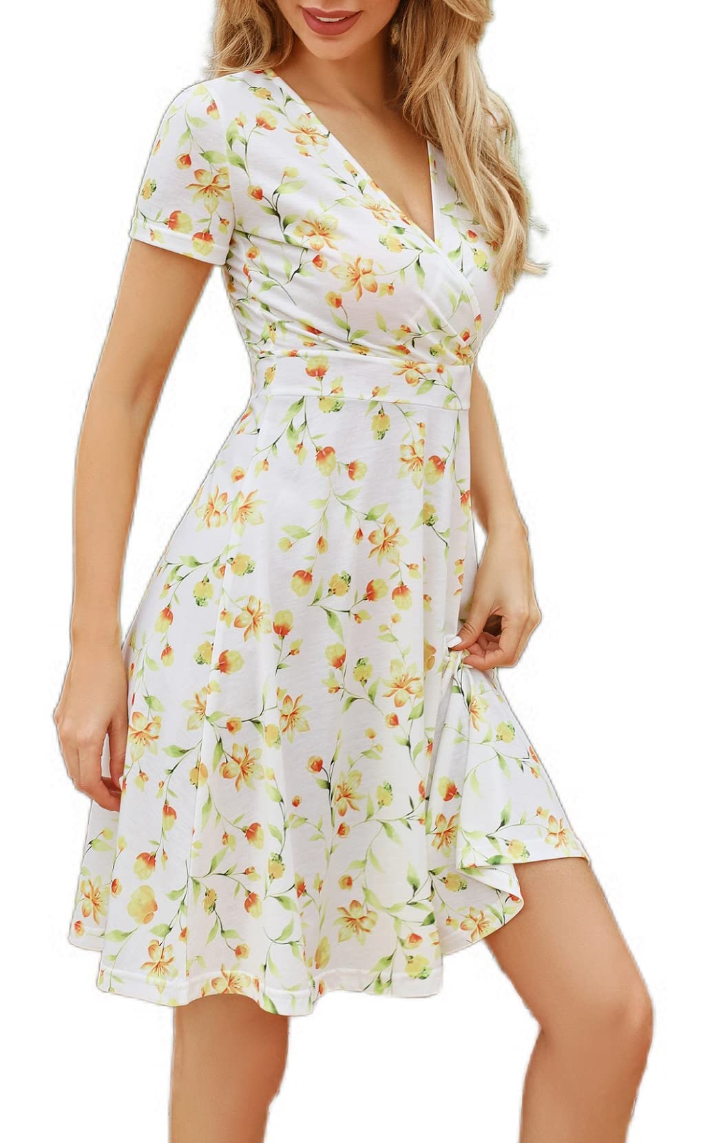 MicroStar Women's Deep V Neck Wrap Midi Dress - Short Sleeve Flared Casual Dress for Women | Perfect for Summer Outings, Date Nights & Office Wear