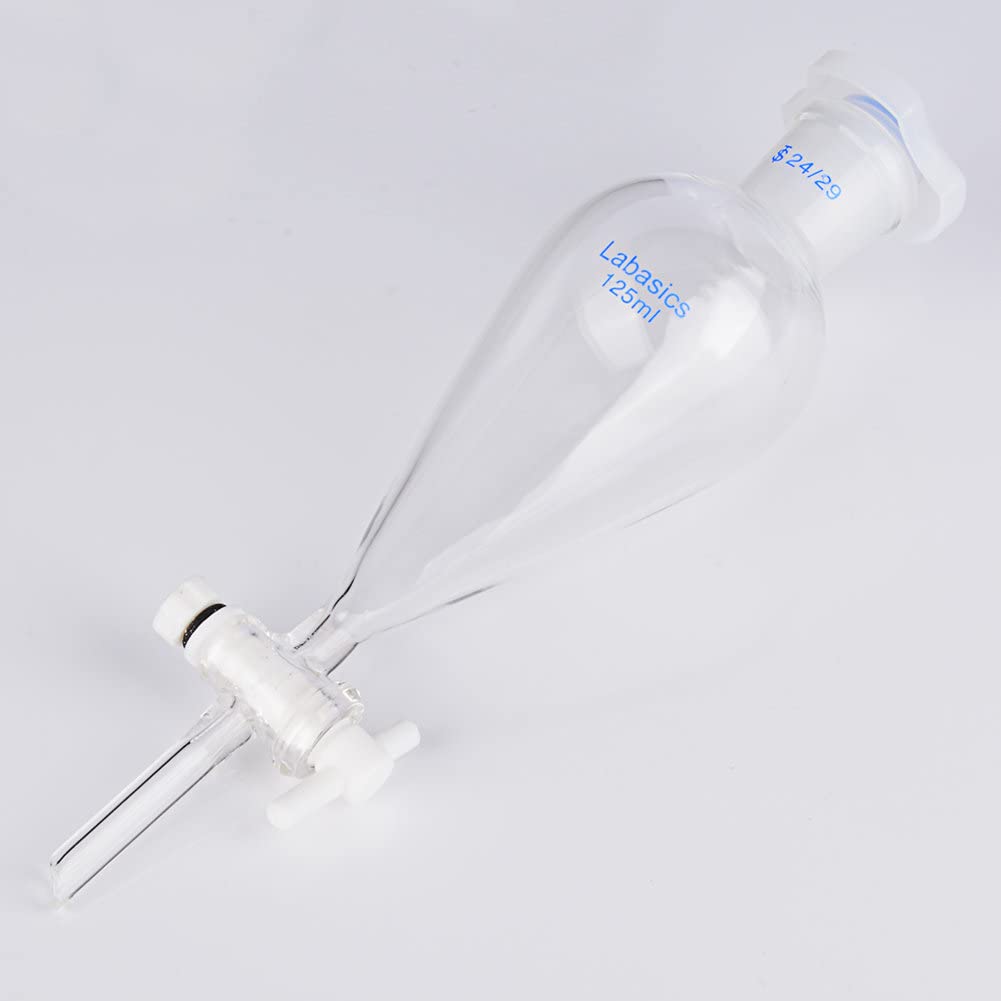 Labasics 125ml Heavy Wall Borosilicate Glass Conical Separatory Funnel with 24/29 Joints & PTFE Stopcock - Ideal for Chemical Labs, Liquid Extraction, and Solvent Separation
