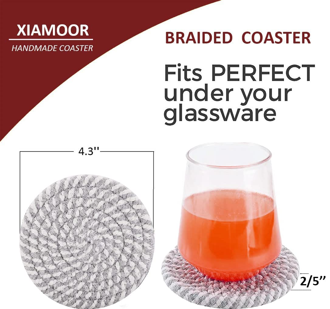 Handmade Braided Super Absorbent Drink Coasters - 6 Pack (4.3 Inch Round, 8mm Thick) Heat-Resistant Beverage Coasters for Coffee, Wine & Cocktails - Perfect Housewarming Gift (Mixed Gray) - Ideal for Dining Tables, Coffee Bars & Home Decor
