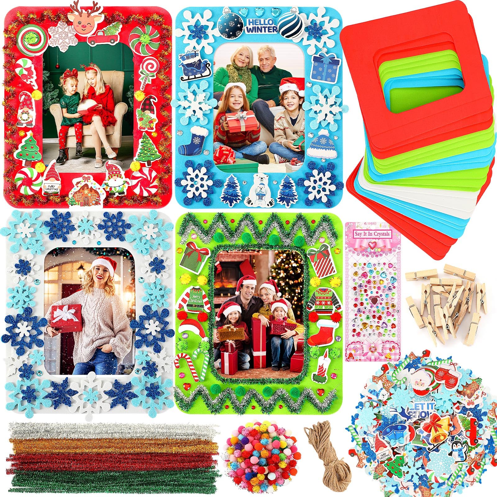 SANNIX 12 Sets Christmas Picture Frame Craft Kit for Kids - DIY Foam Photo Frames with 200 Self-Adhesive Stickers - Winter Holiday Crafts for Xmas Tree Ornaments & Party Decorations (Perfect for Classroom Activities, Family Bonding & Christmas Gift Making)