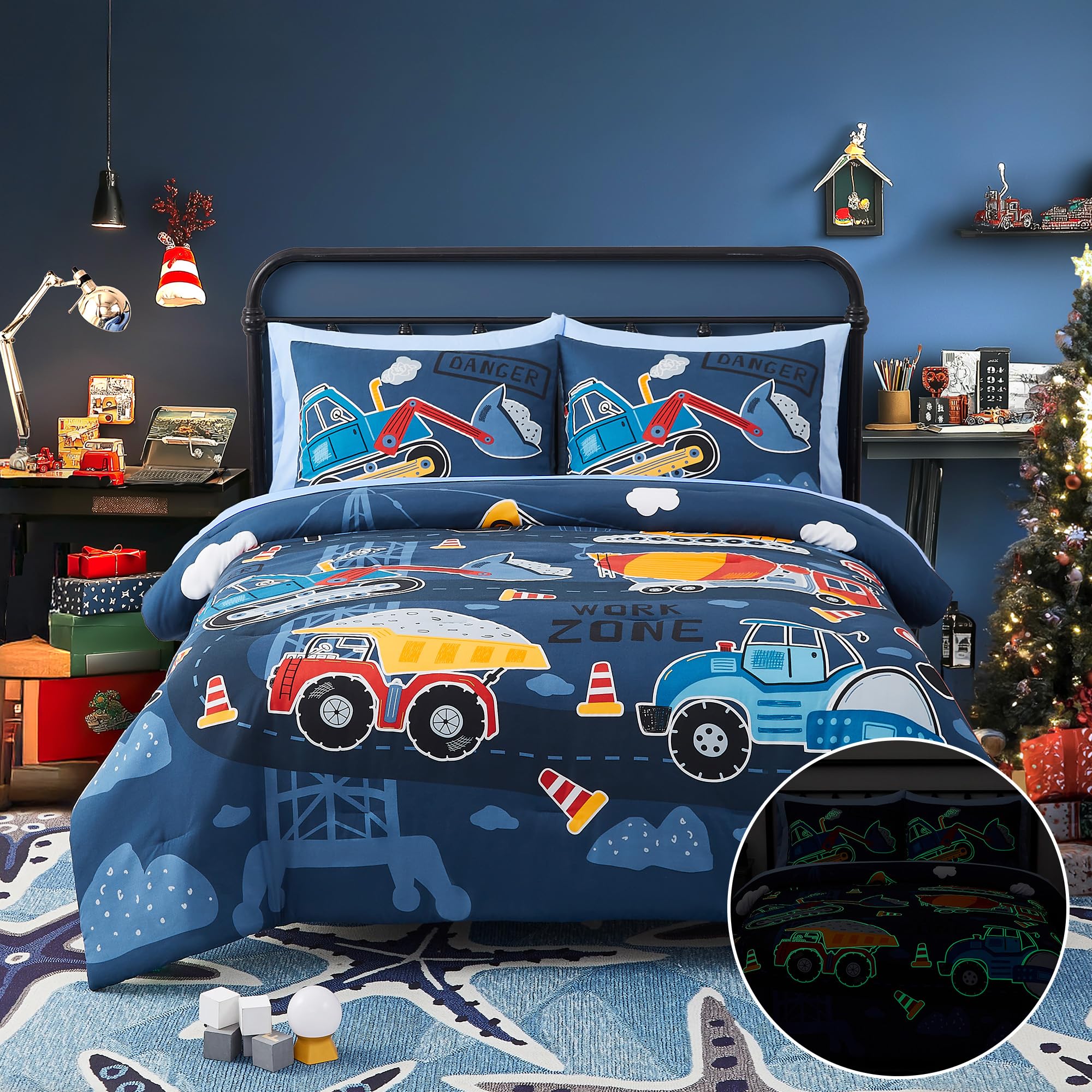 5-Piece Twin Kids Comforter Set for Boys & Girls - Glow in The Dark Truck Tractor Excavator Bedding (Includes Sheets) | Perfect for Teen Bedrooms, Sleepovers & Kids Room Decor