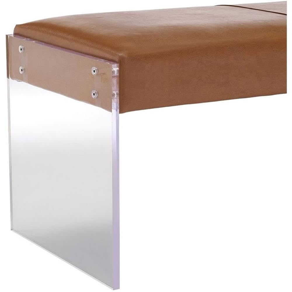 TOV Furniture Envy Leather/Acrylic Bench - Modern Brown Leather Seat with Acrylic Legs for Living Room, Bedroom & Entryway Decor