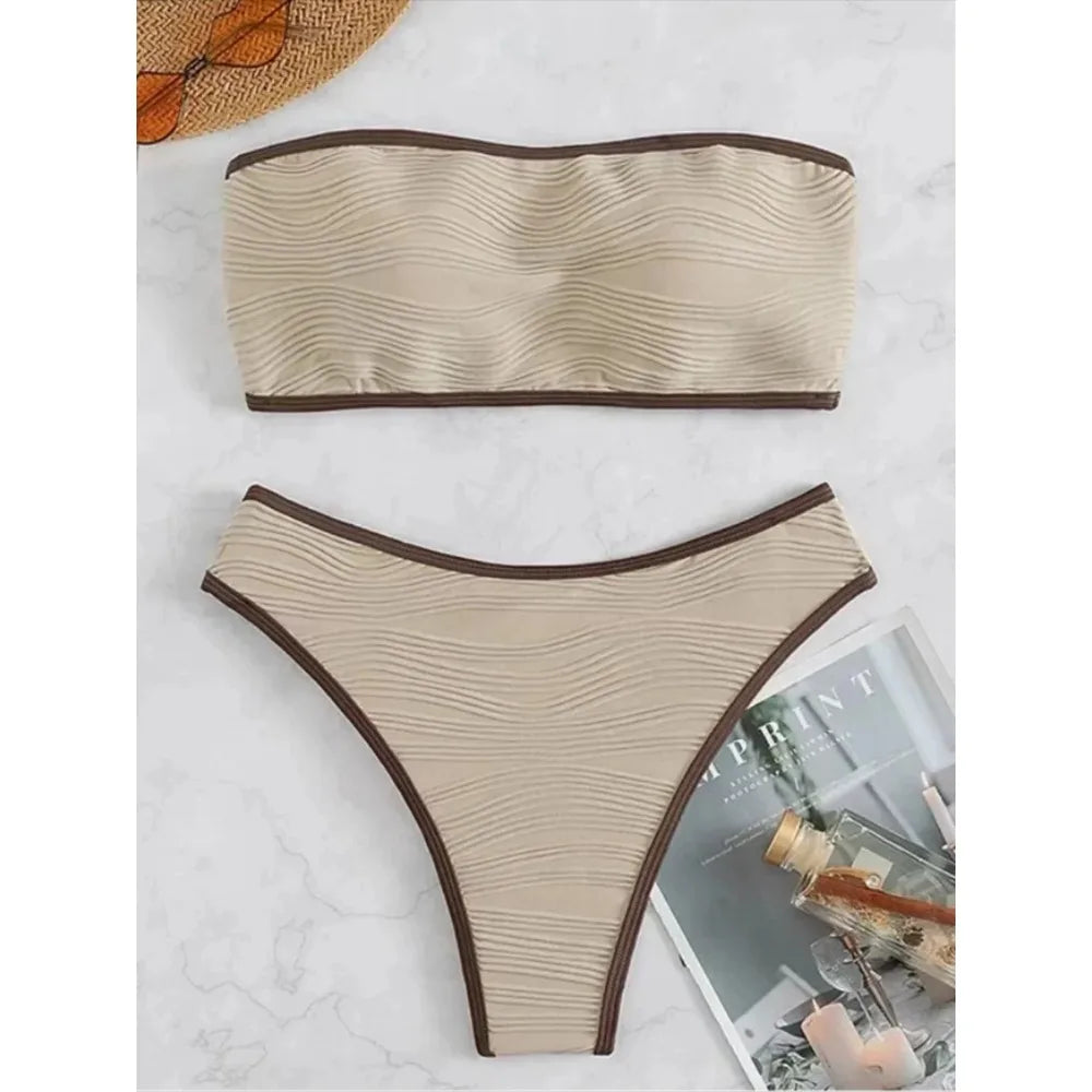 Women's Solid Bandeau Bikini Set - 2 Piece Thong Swimwear for Summer Beach & Pool | Sexy Bathing Suit for Women | Perfect for Vacation, Tanning, and Water Sports