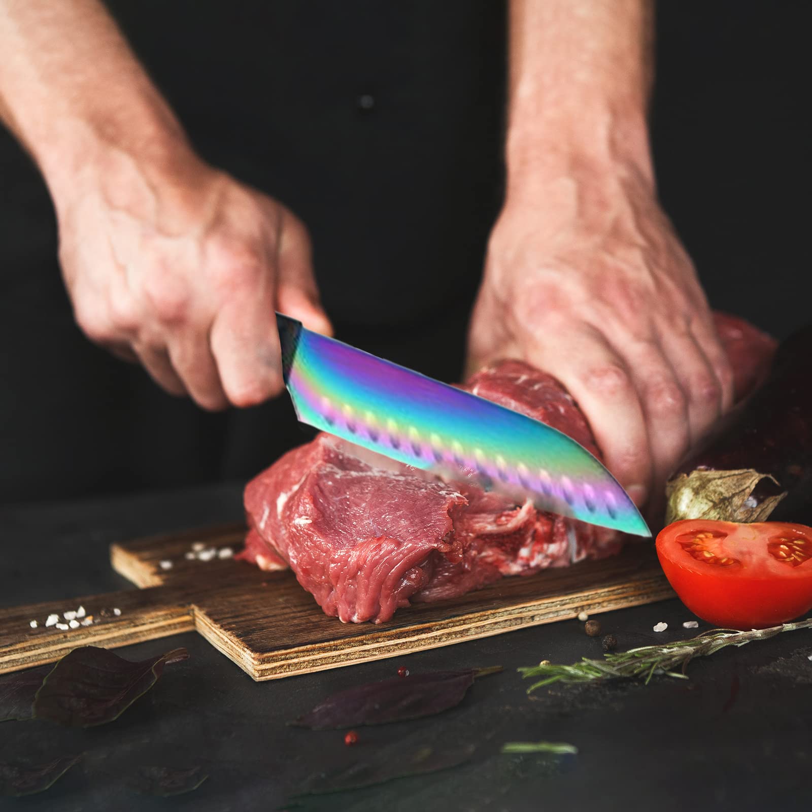 Marco Almond® 14-Piece Rainbow Color Stainless Steel Knife Block Set - Professional Chef Knives for Kitchen with Acrylic Stand | Perfect for Home Cooking, Restaurant Use & Gift Giving