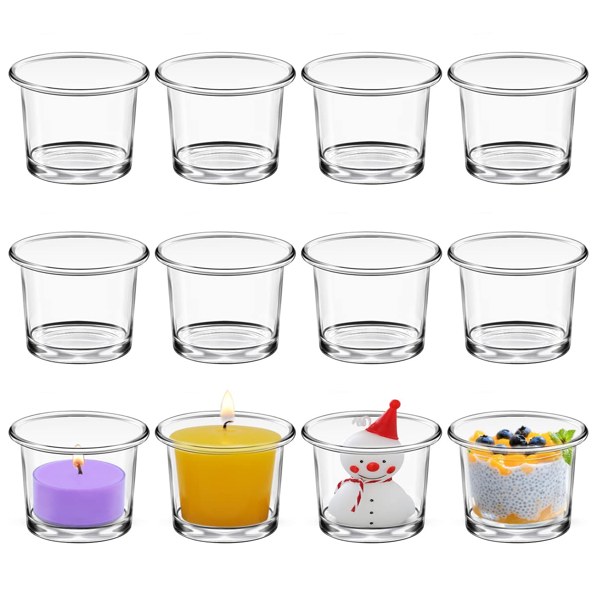 12 Pack Clear Glass Votive Holders - Small Tealight Candle Holders for Home Decor, Wedding Centerpieces, DIY Crafts | Perfect for Jelly, Pudding, Candles & Party Decorations