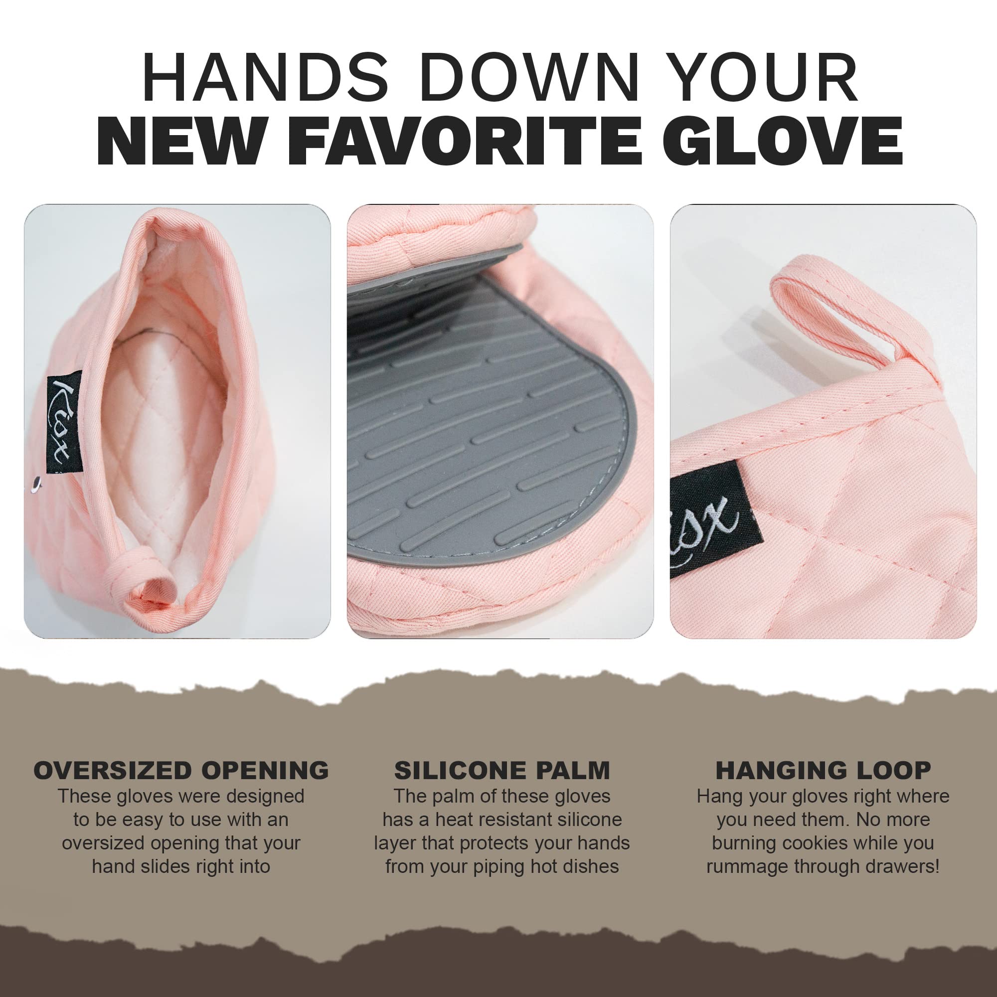 Heat Resistant Silicone Oven Mitts & Pot Holders Set - Pink Mini Kitchen Gloves for Cooking, Baking, Grilling - Non-Slip Protection for Hot Pans, Dishes & Baking Trays