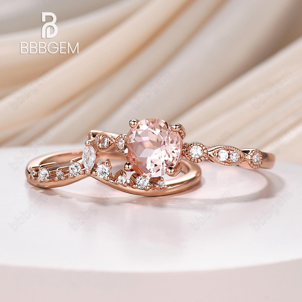 6.5mm Round Natural Morganite Engagement Ring Set in 14k Rose Gold with Curved Diamond Stacking Band – Vintage Inspired Bridal Jewelry for Weddings, Anniversaries & Romantic Occasions