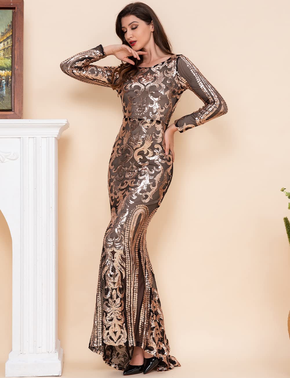Elegant Women's Long Sleeve Sequin Mermaid Gown - Formal Prom Party Evening Dress for Special Occasions | Perfect for Weddings, Galas, and Red Carpet Events