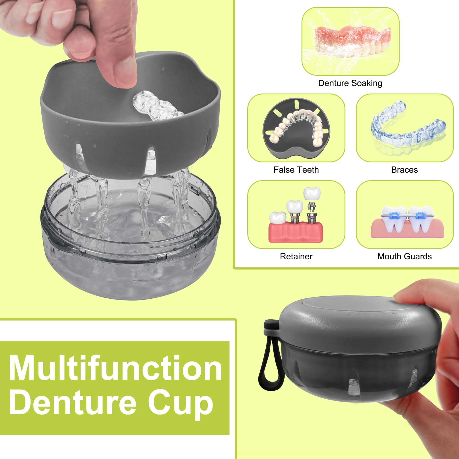 Premium Denture Case & Cup with Mirror – No-Leak Travel Retainer Container for False Teeth Cleaning | Perfect for Full & Partial Dentures, Mouth Guards, Braces & Aligners | Ideal for Travel, Home & Daily Dental Care (Black)
