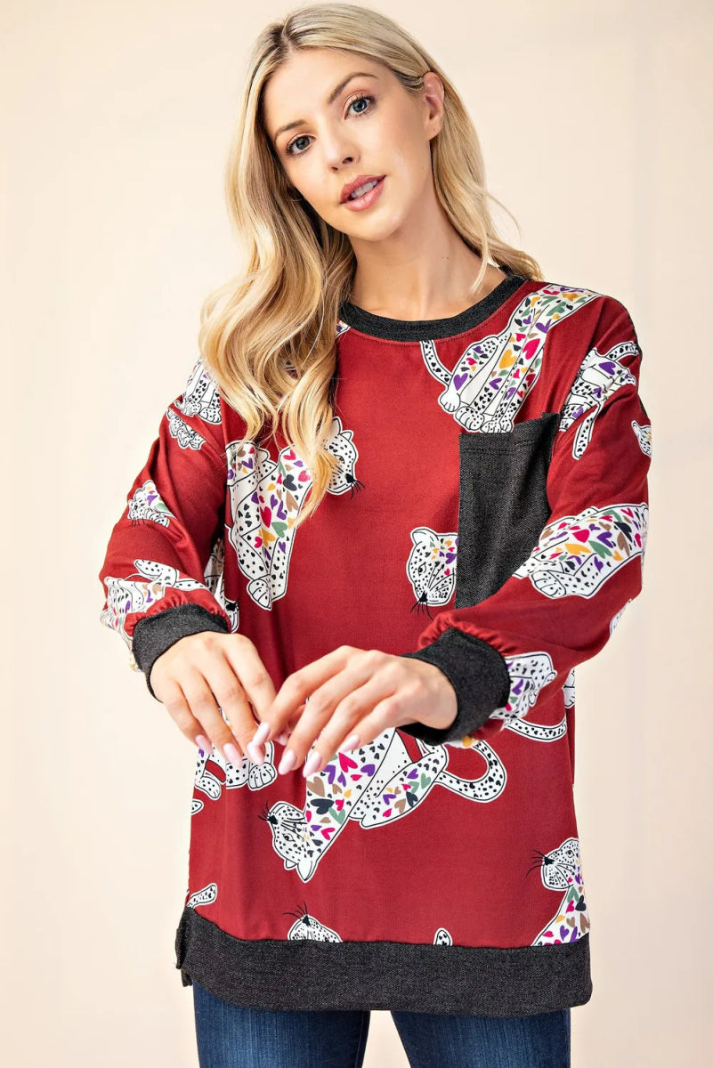 Celeste Women's Full Size Animal Print Contrast Round Neck T-Shirt | Casual Fashion Top for Everyday Wear & Outfits