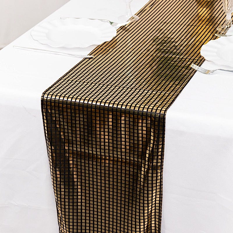 12-Pack Black and Gold Mirror Foil Polyester Table Runners - Elegant Dining Decor for Weddings, Parties & Holiday Celebrations