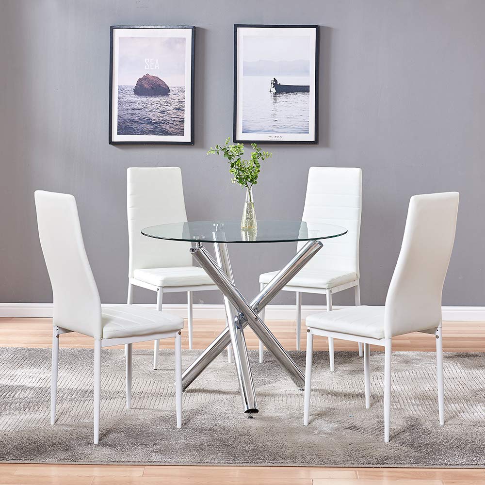 Modern Glass Top Dining Table Set with PU Leather Chairs - Round Tempered Glass Kitchen Table & White Chairs for Small Space, Breakfast Nook, Apartment Dining Room Furniture