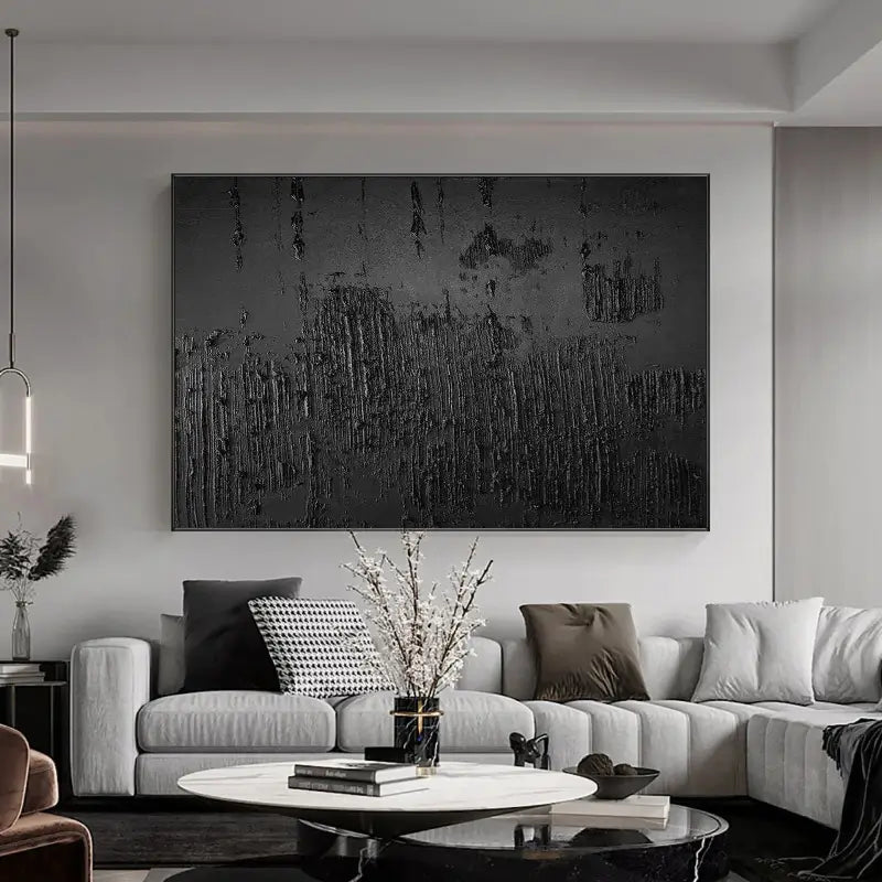 Black Minimalist Textured Abstract Wall Art Painting - Modern Home Decor for Living Room, Bedroom & Office - Canvas Artwork #MZ018