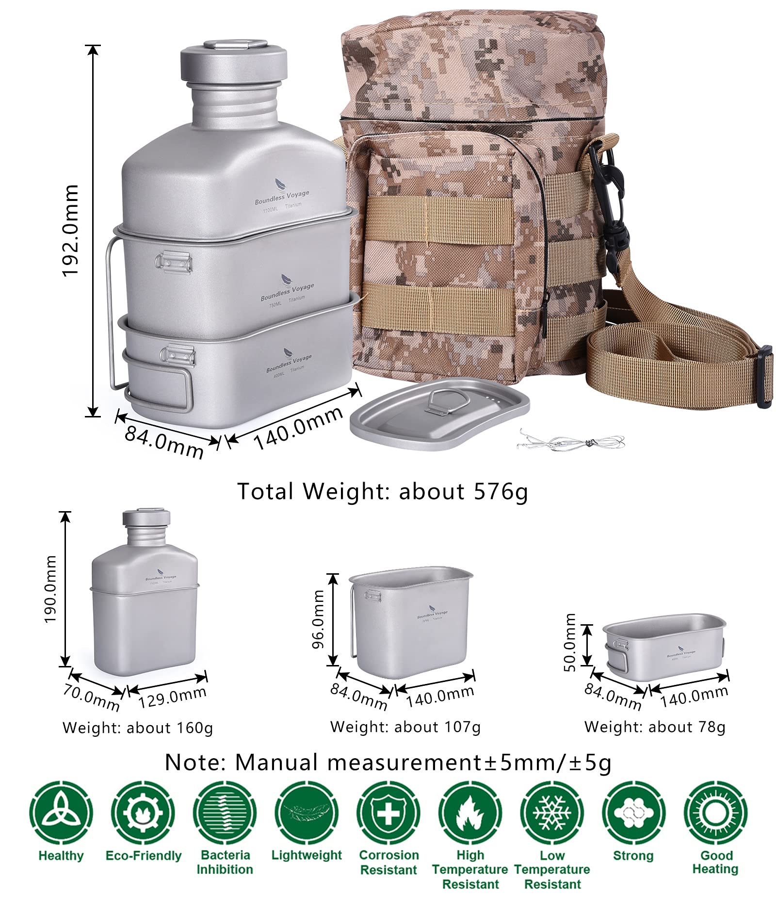 Boundless Voyage Titanium Military Canteen Cup Set - Lightweight Outdoor Camping & Hiking Water Bottle with 2 Cups - Durable Mess Kit for Cooking, Survival Gear - Perfect for Backpacking, Bushcraft & Emergency Preparedness (Ti15158B)