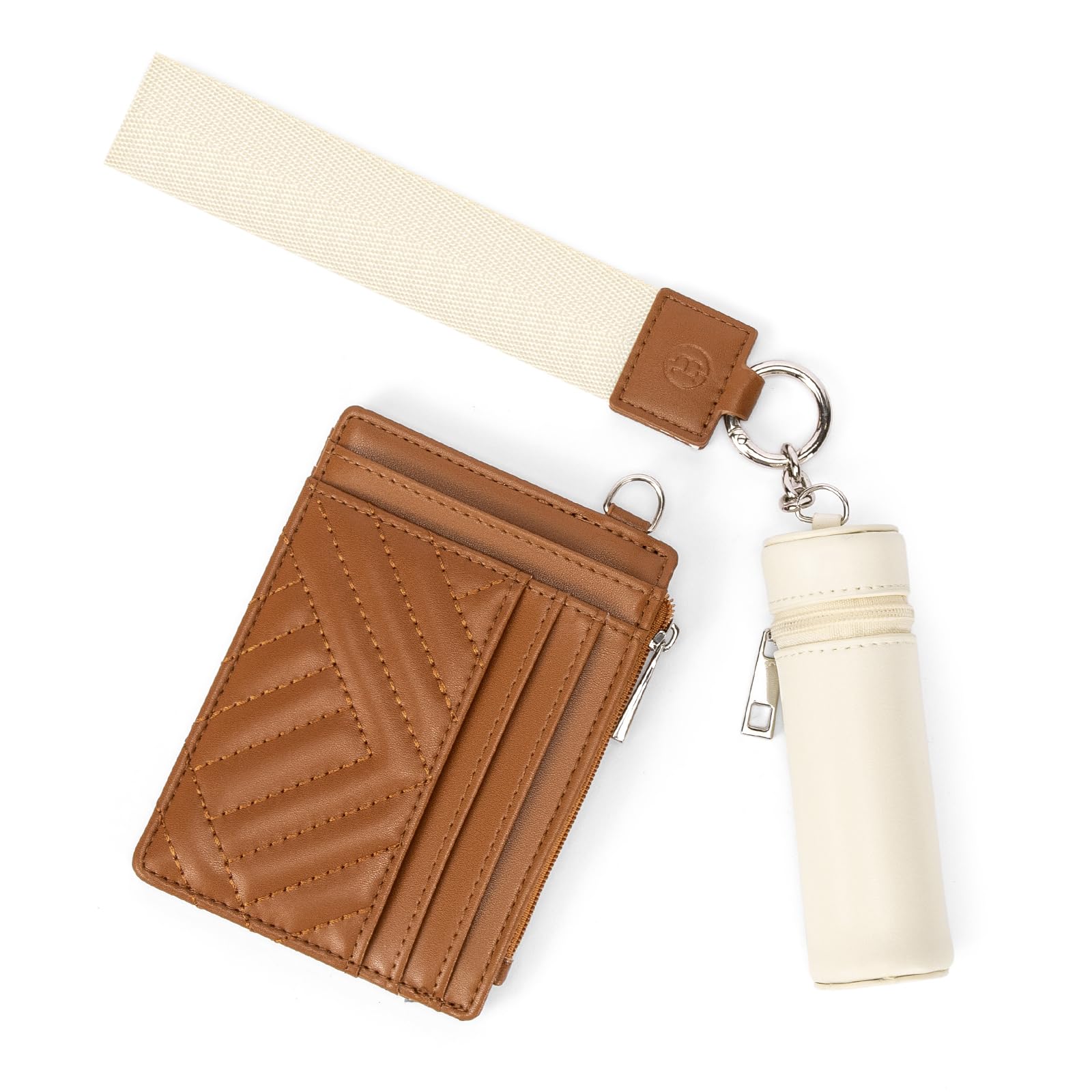 BOSTANTEN Women's RFID Blocking Leather Keychain Wallet - Slim Credit Card Holder with Coin Purse & Lipstick Case (Beige & Brown) | Perfect for Travel, Shopping & Everyday Use