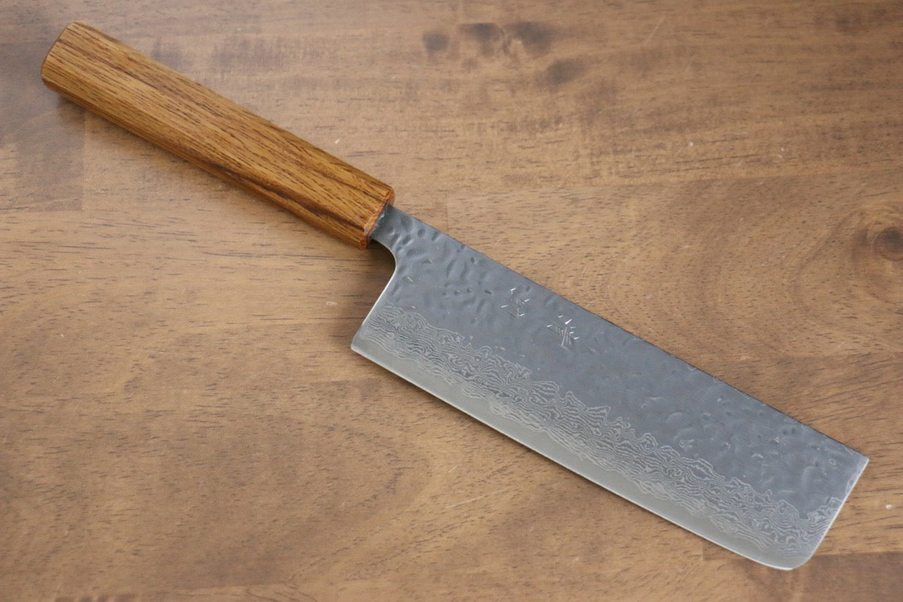 Premium AUS10 Hammered Damascus Nakiri Knife 170mm - Japanese Oak Handle - Professional Chef's Knife for Slicing Vegetables & Herbs - Perfect for Home Cooks & Culinary Enthusiasts