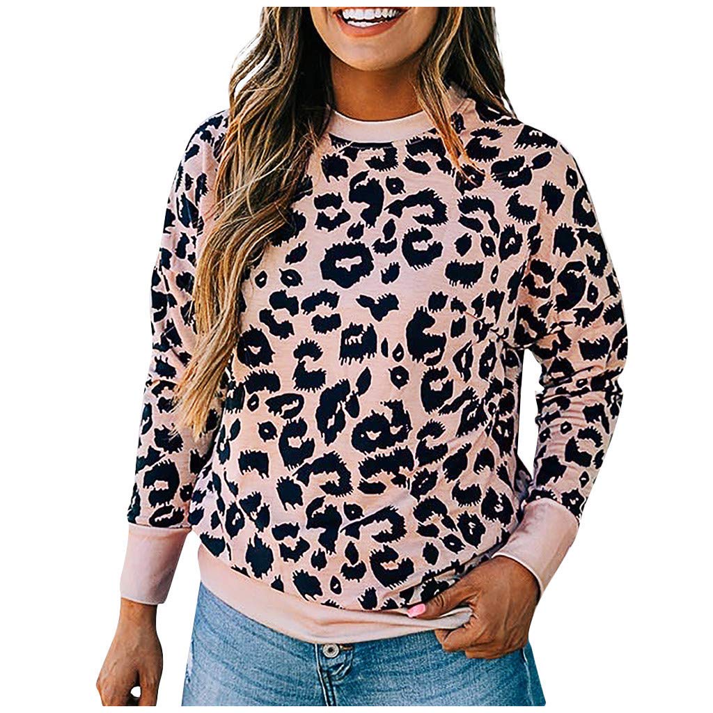 Women's Long Sleeve Leopard Print Blouse - O-Neck Tunic Top with Color Block Design for Leggings | Casual Office Wear & Layering Outfits