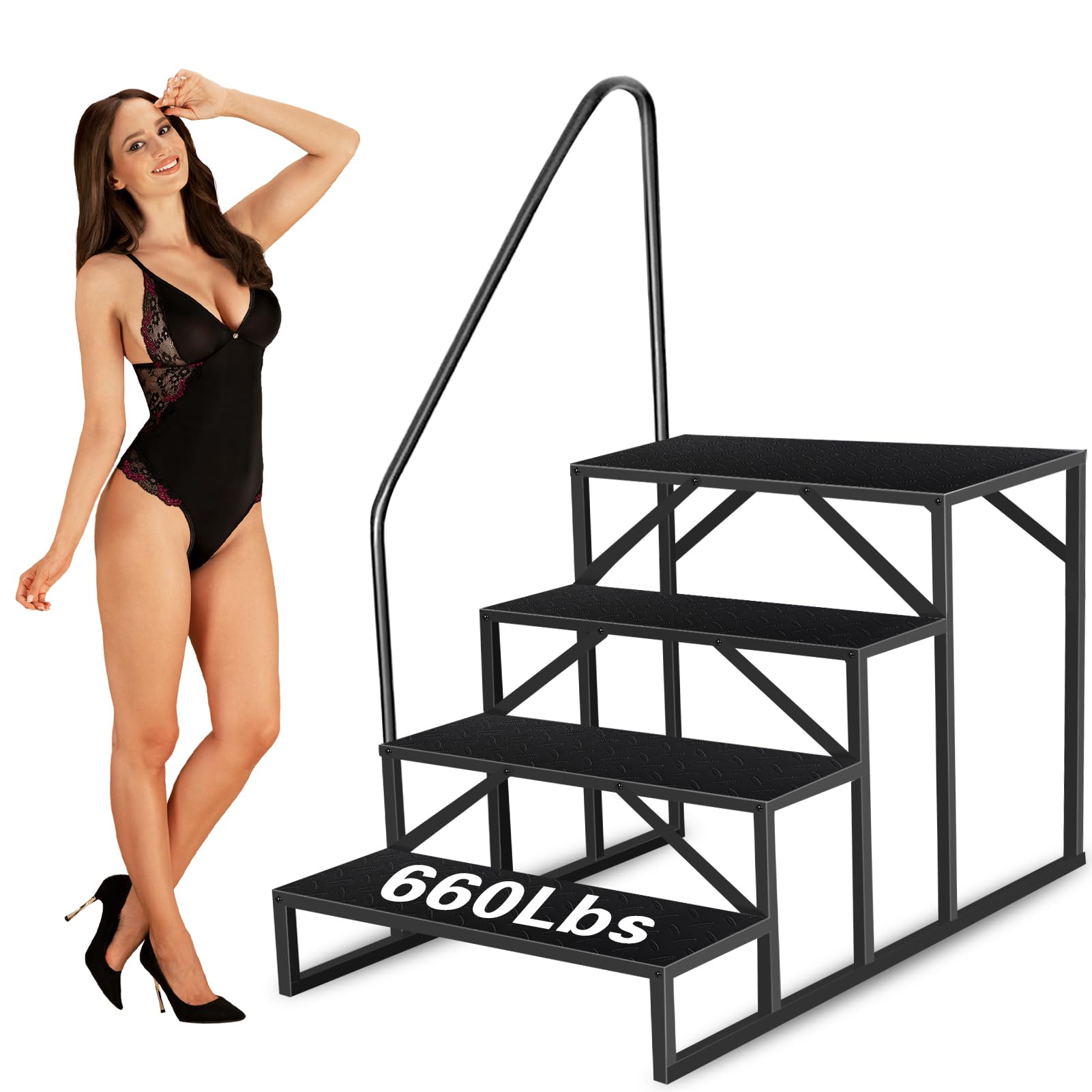 Above Ground Swimming Pool Ladder with Handrail - Heavy Duty 660 lb Capacity RV Step Stool for Hot Tubs, Spas, Travel Trailers & 5th Wheel Campers (4-Step Design) - Perfect for Safe Entry/Exit in Pools, RV Living & Outdoor Relaxation