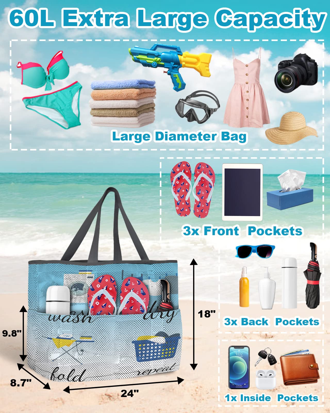 Waterproof Sandproof Mesh Beach Tote Bag with Zipper & Pockets - Large Blue Ombre Beach Handbag for Laundry, Swimming Pool, Picnic & Outdoor Activities | Wash Dry Fold Repeat Design