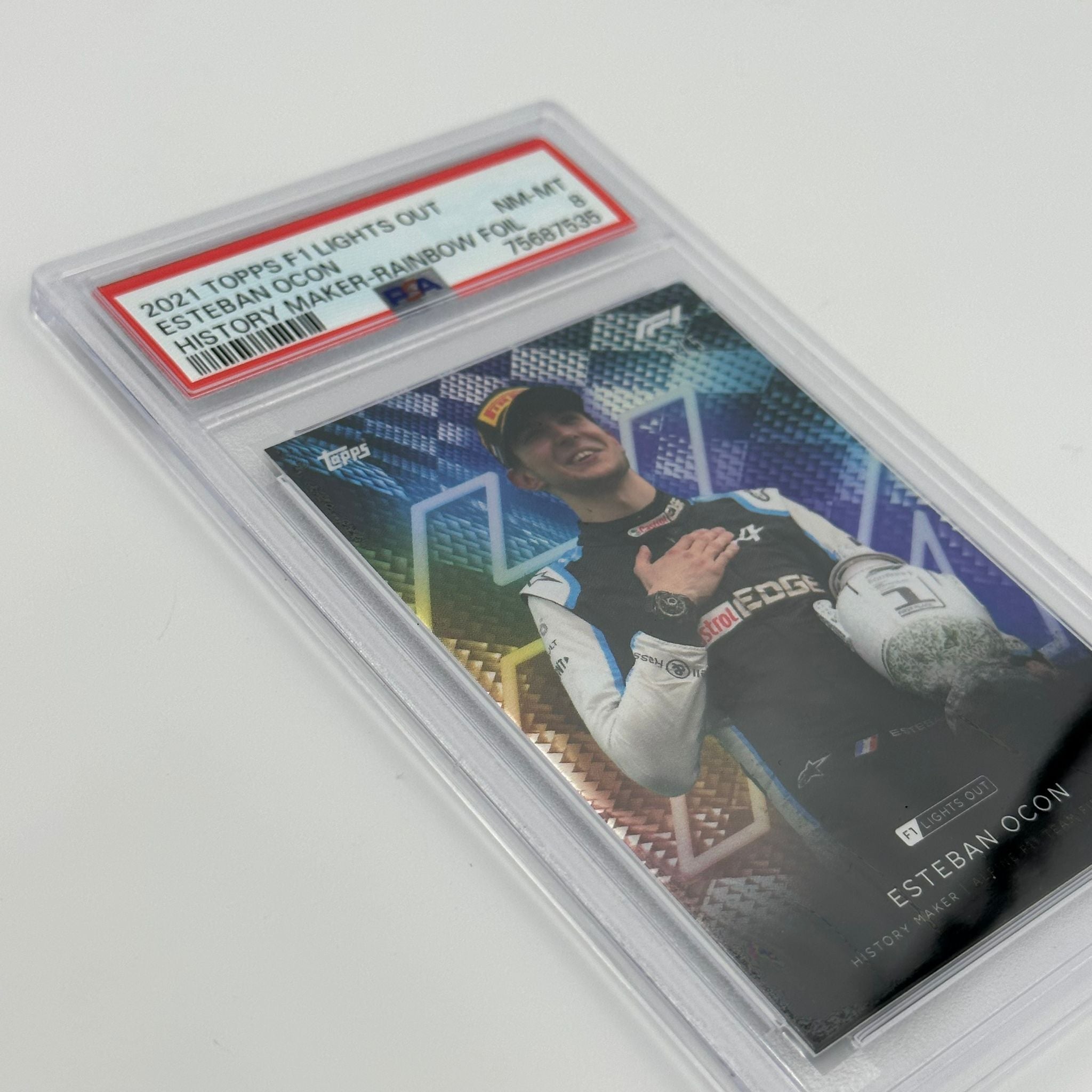 PSA 8 Graded Esteban Ocon 2021 History Maker Rainbow Foil F1 Racing Card - Perfect for Collectors & Formula 1 Fans Display