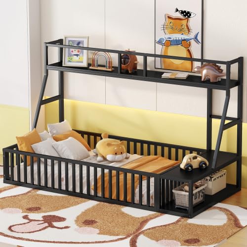 Kids Floor Bed with Safety Fence - Twin Size Metal Loft Bed with Built-in Desk & Storage Shelves for Children's Room - Black - Perfect for Small Spaces & Montessori Bedrooms