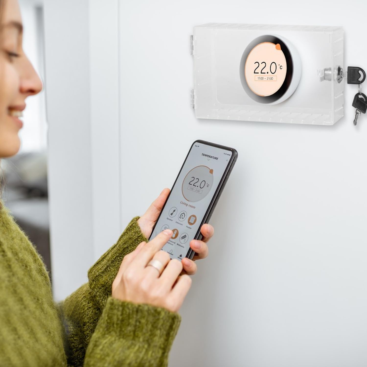 Baby Proof Thermostat Lock Box with Key - Clear Wall Mounted Thermostat Cover Guard for 4