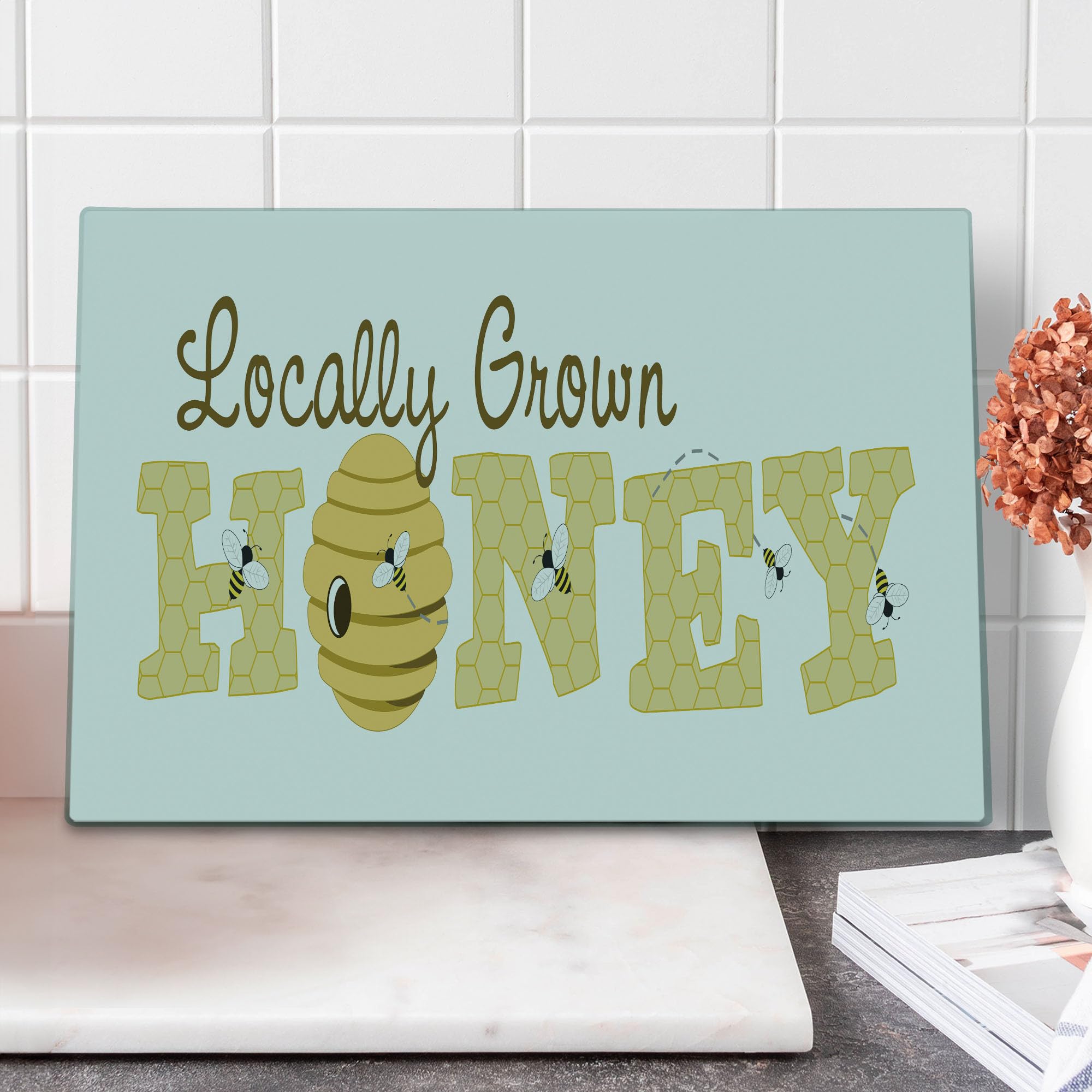 Ambesonne Honey Bee Glass Cutting Board - Large Dark Cocoa Mustard for Kitchen & Serving
