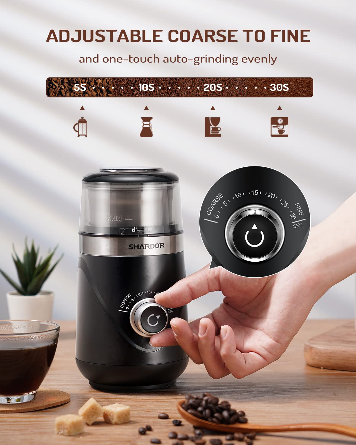 SHARDOR Electric Coffee & Spice Grinder with 2 Removable Stainless Steel Cups - Adjustable Precision Grinder for Wet & Dry Ingredients - Perfect for Coffee Beans, Pepper, Nuts, Grains & More (70g Capacity) - Ideal for Home Kitchen, Coffee Shops & Gourmet Cooking