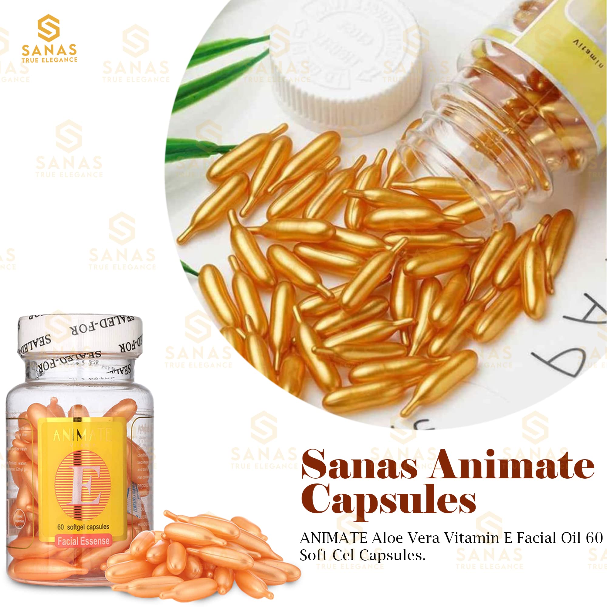 Sanas Animate Aloe Vera & Vitamin E Facial Oil Capsules - Hydrating & Nourishing for Dry Skin, Anti-Aging & Glow Boost - Perfect for Night Routine & Travel Skincare