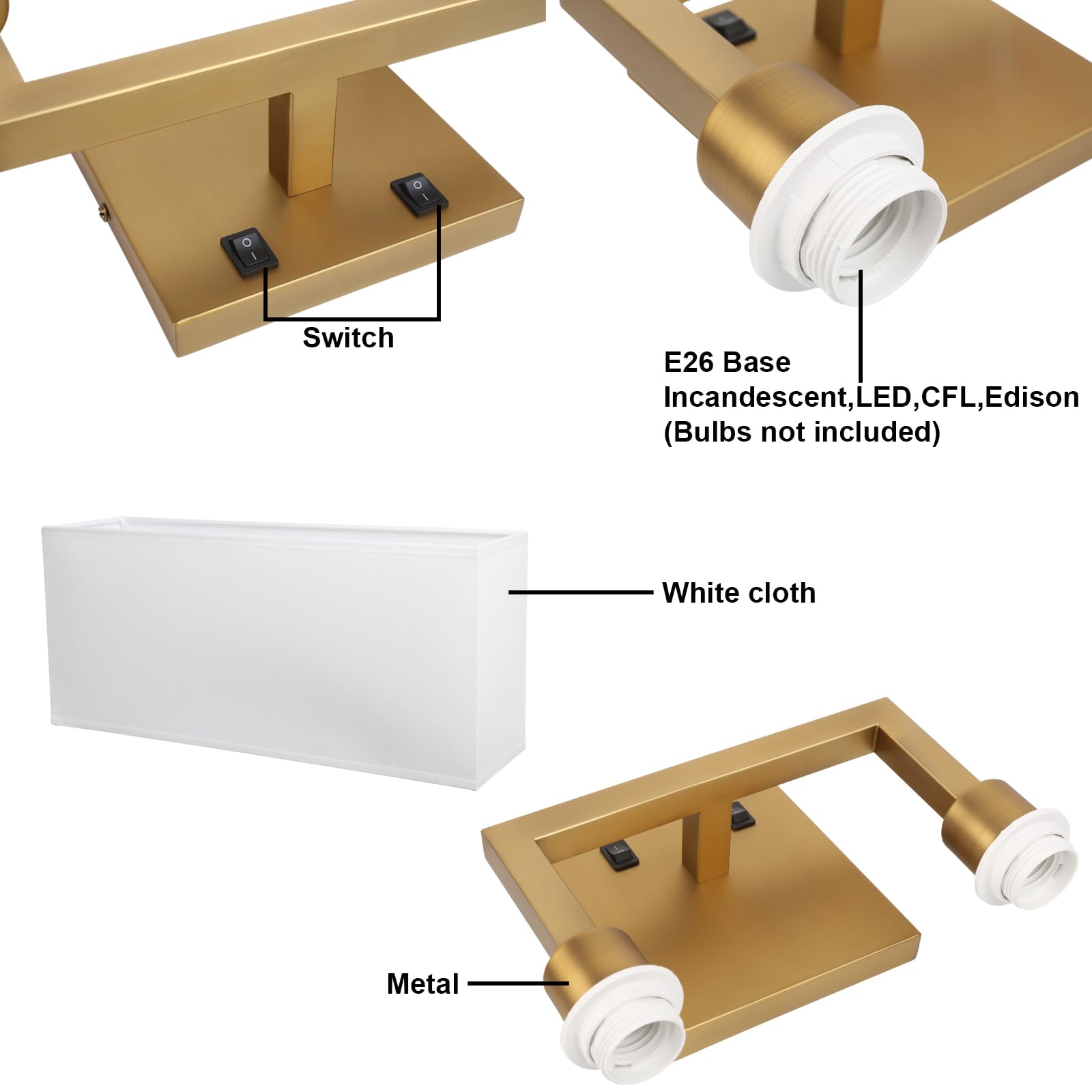 Yosoan Set of 2 Modern Boho Brass Wall Sconces with On/Off Switch - Vintage Industrial 2-Light Vanity Fixtures with White Fabric Shades - Perfect for Bedroom, Living Room, Hallway & Reading Nook (Antique Brass Finish)