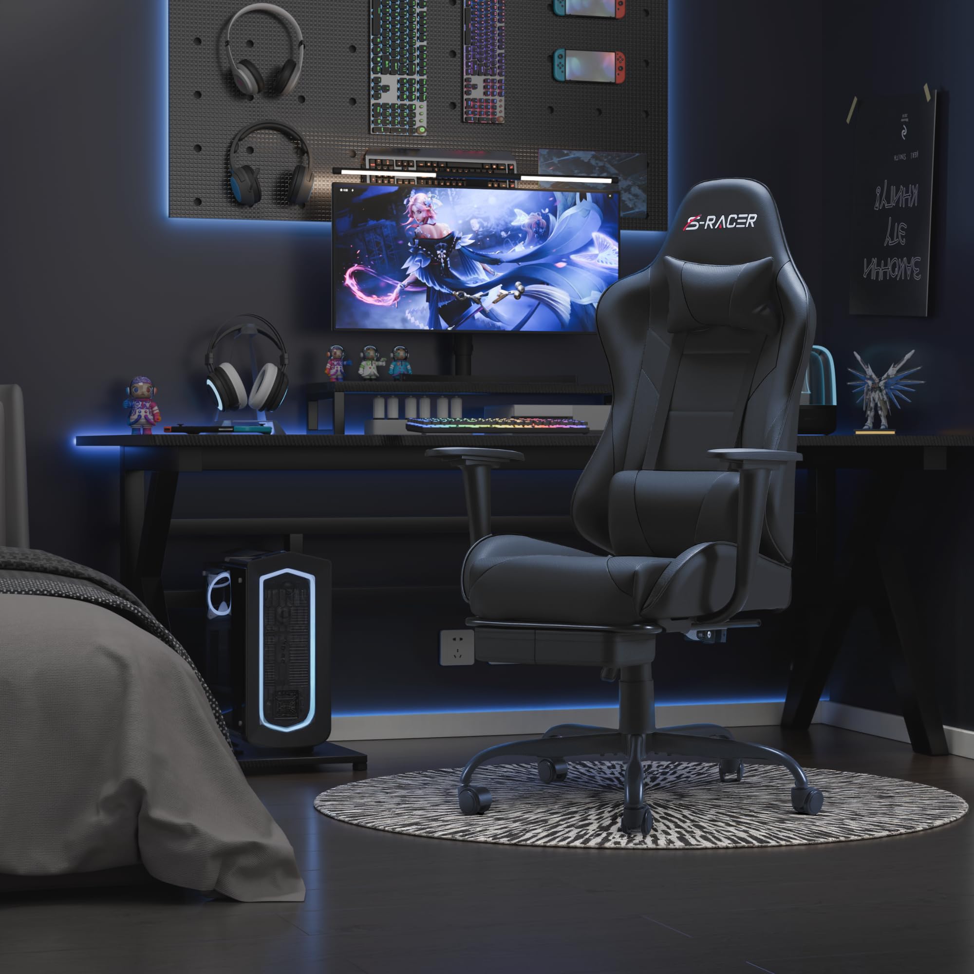 Homall Ergonomic Gaming Chair with Adjustable Footrest & Lumbar Massage Support - Height Adjustable Swivel Computer Game Chair with Headrest (Black) - Perfect for Esports, Office Work & Home Gaming Setup