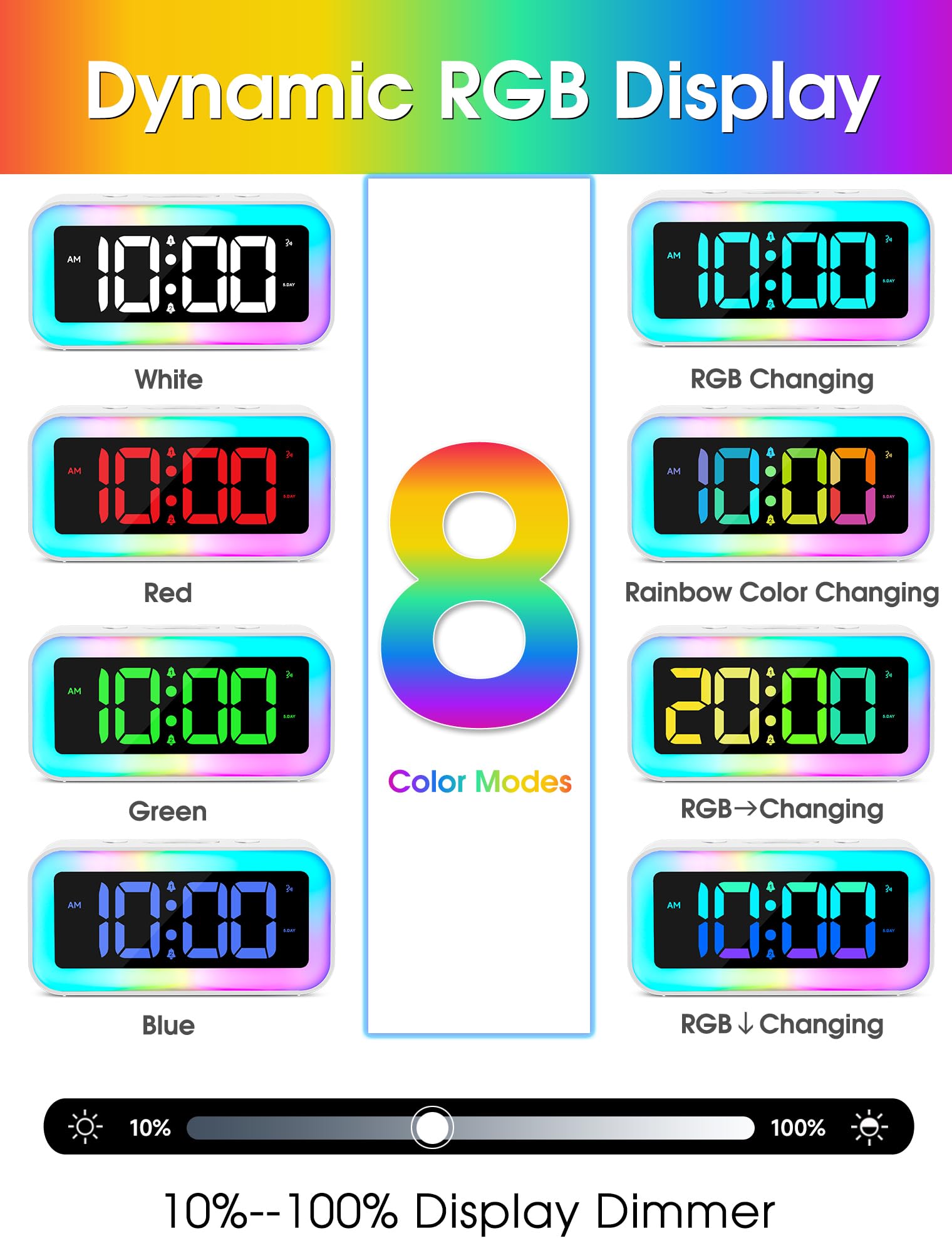 **Cadmos Loud Alarm Clock with Dynamic RGB Night Light - Dual Alarm, USB Charger & Dimmer - Digital LED Display for Heavy Sleepers, Adults, Kids, Teens & Seniors - Perfect for Bedrooms, Dorms & Nightstands (White)**