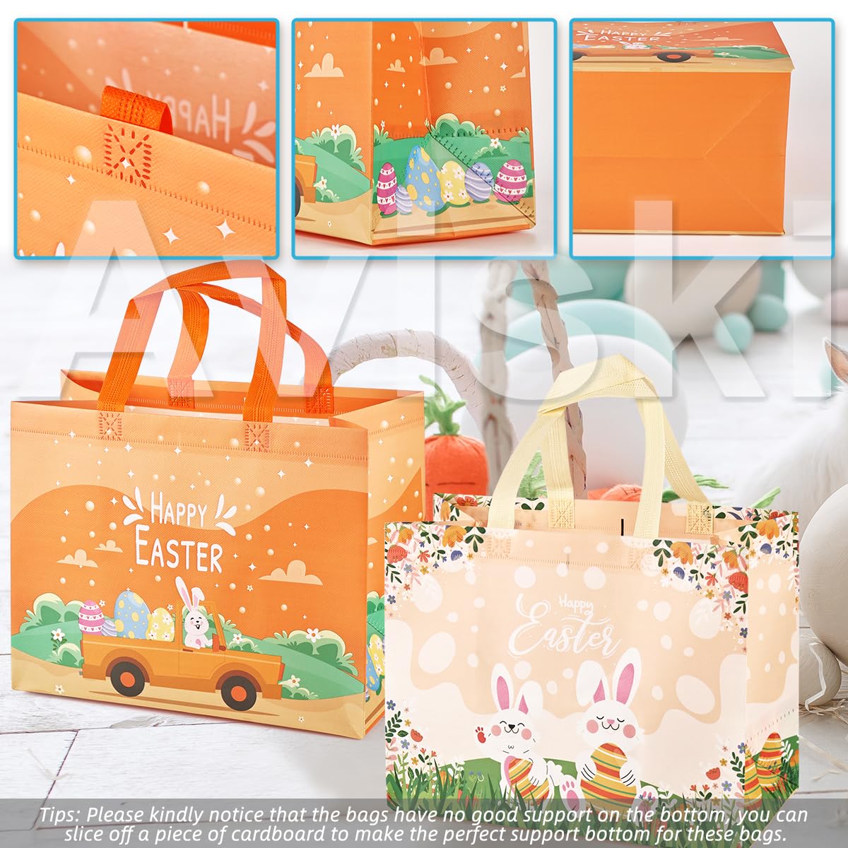 6PCS Easter Egg Hunt Bags with Handles - Assorted Sizes Bunny Carrot Chick Design, Reusable Non-Woven Easter Treat Bags for Gift Wrapping, Party Favors & Egg Hunt Games | Perfect for Easter Celebrations, School Events & Spring Festivities