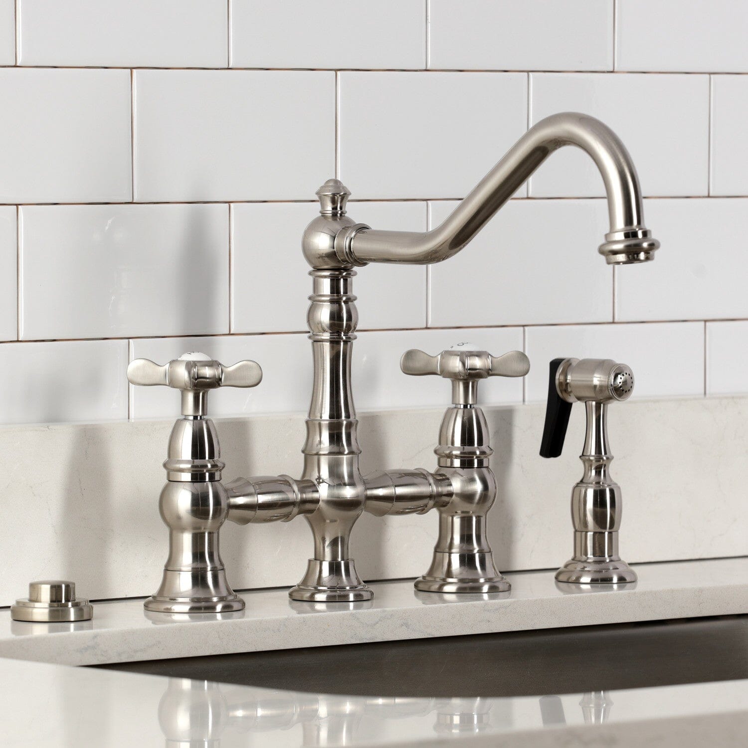 Essex Two Handle 4-Hole Deck Mount Bridge Kitchen Faucet with Brass Side Sprayer - Perfect for Farmhouse & Traditional Kitchen Sinks