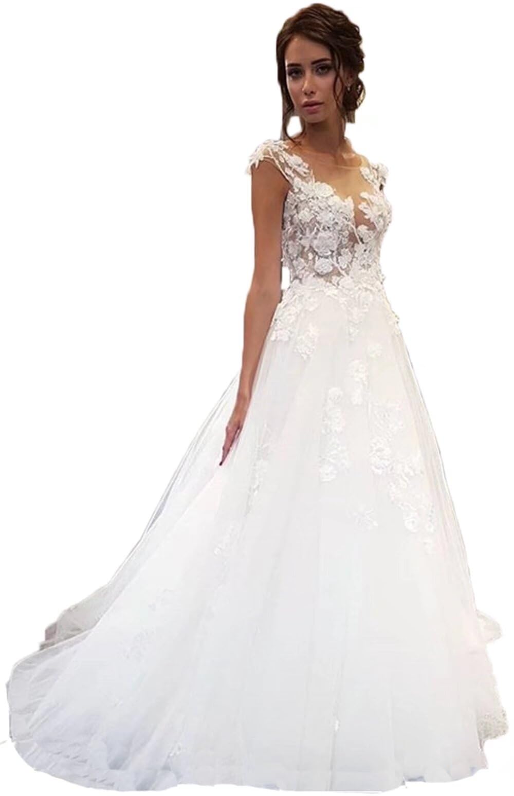 Elegant Illusion Wedding Dresses for Bride – Long Lace Appliques Tulle Sleeveless Bridal Gown – Perfect for Beach, Church, and Formal Wedding Ceremonies