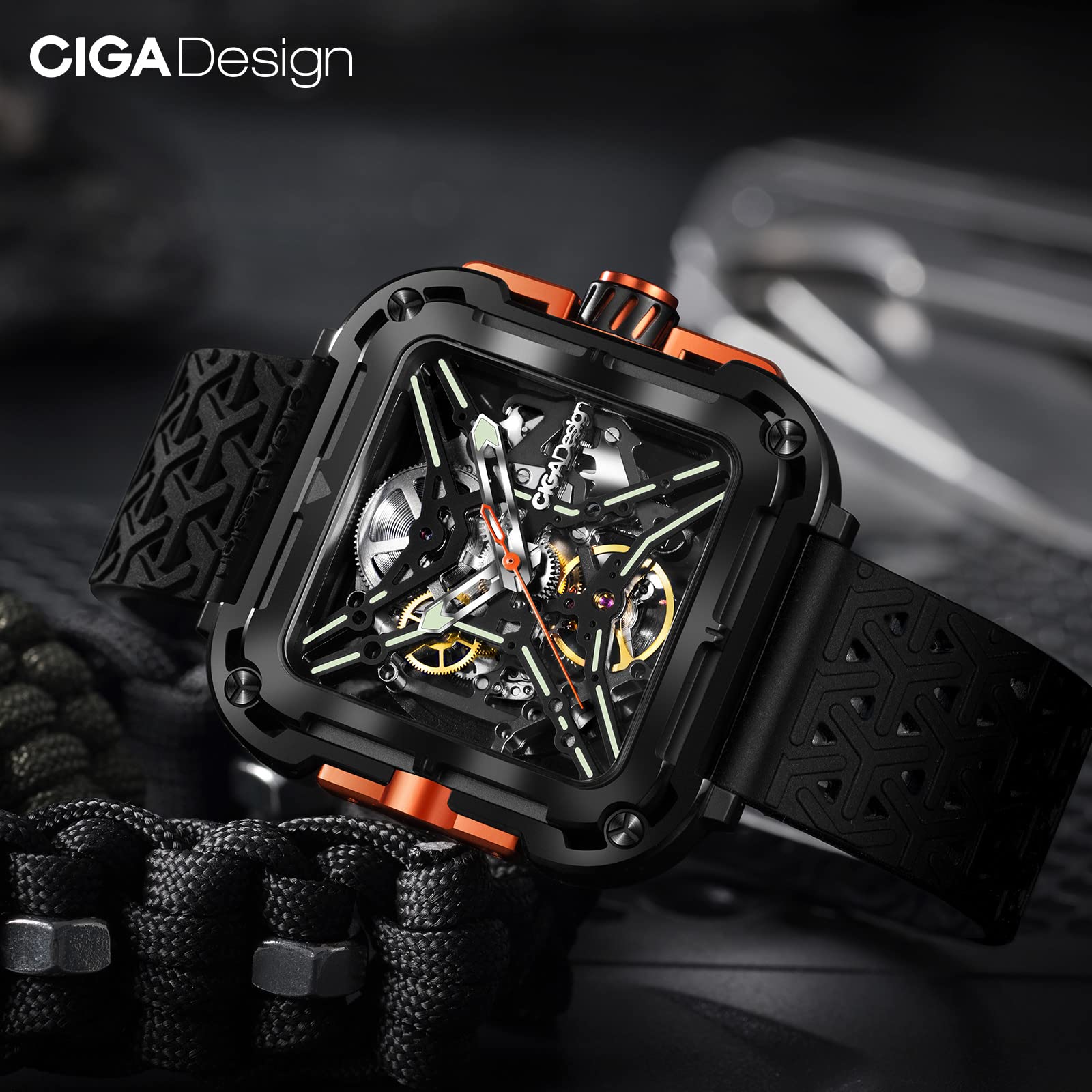 CIGA Design X Series Automatic Mechanical Watch - SUV Inspired Anti-Shock Design, Sapphire Crystal, Skeleton Dial with Silicone/Nylon Strap - Unisex Fashion Watch for Men & Women | Perfect for Outdoor Adventures, Business Meetings & Everyday Wear
