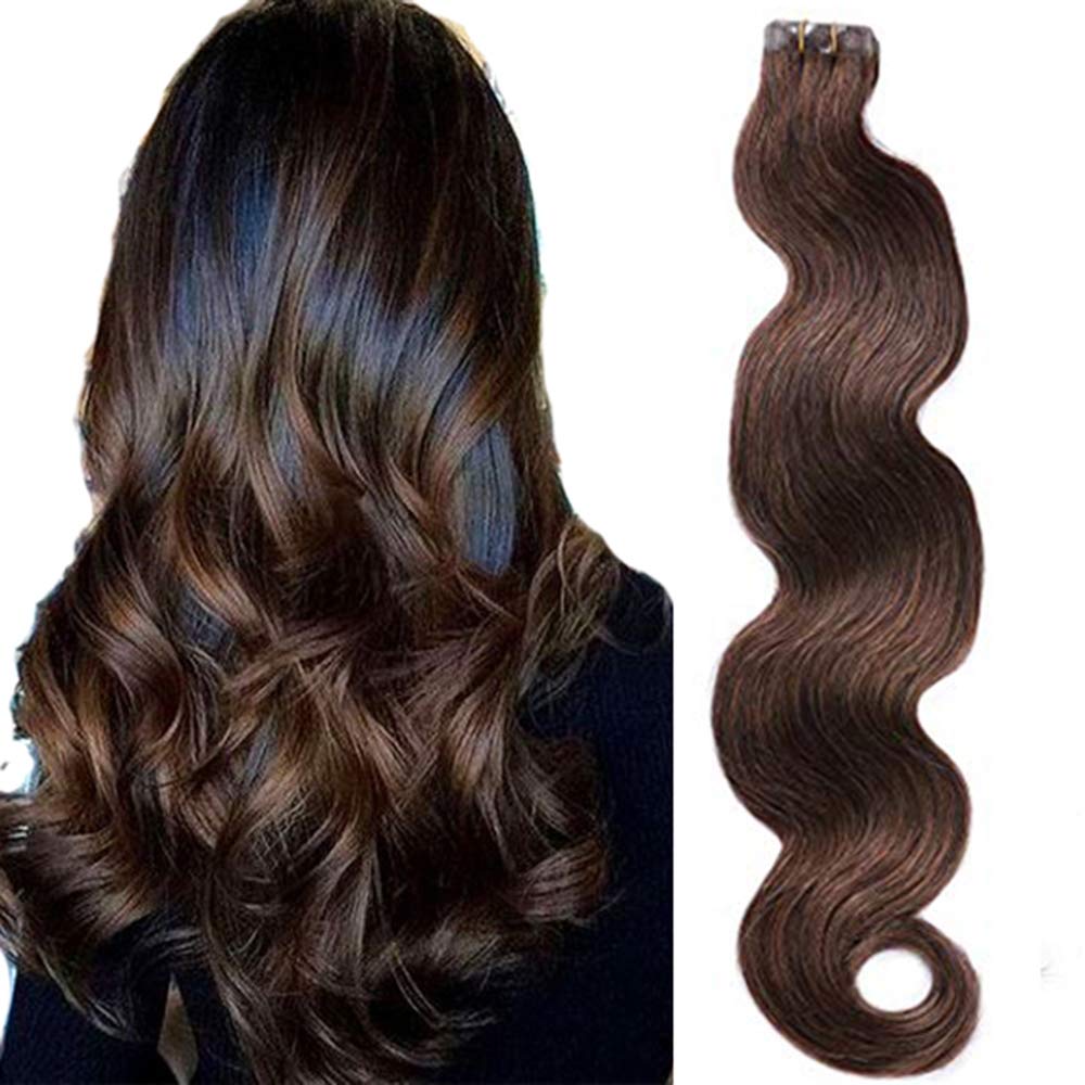Smartinnov Tape Hair Extensions #2 Dark Brown - 20pcs 22in Body Wave Human Hair Tape-in Extensions (60g) - Soft Wavy Real Hair for Volume & Length - Perfect for Weddings, Parties & Daily Styling