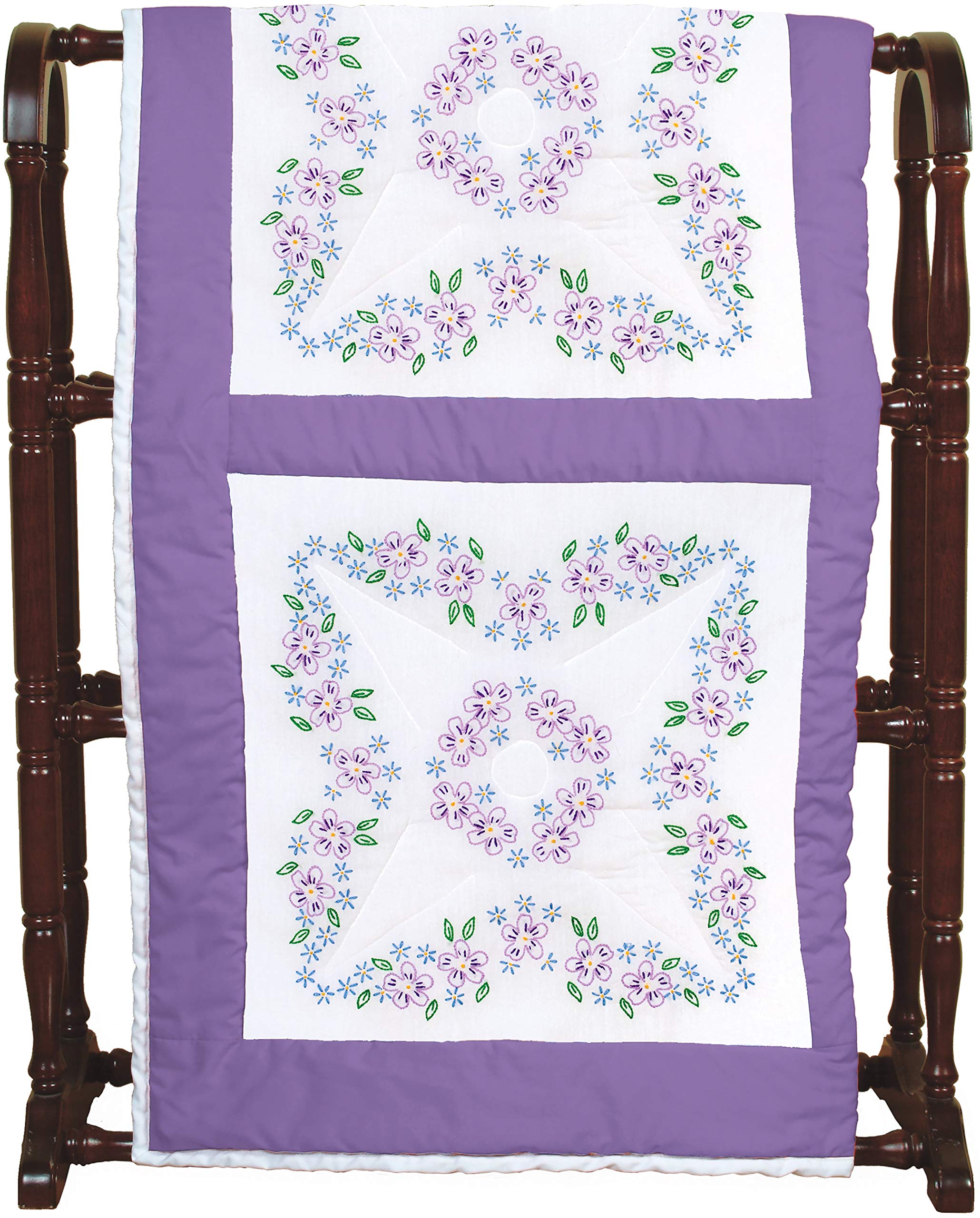 Jack Dempsey Needle Art Lavender Flowers Quilt Blocks - White Cotton Embroidery Patchwork for DIY Quilting, Home Decor & Craft Projects