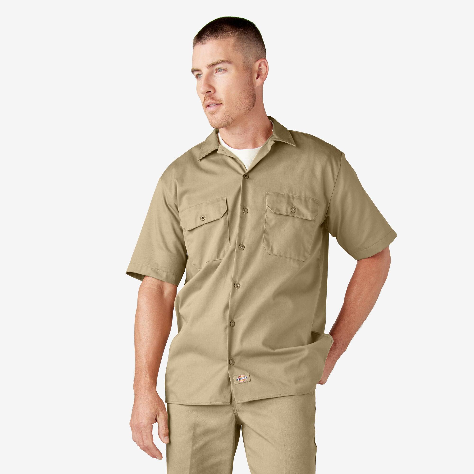 Men's Short Sleeve Work Shirt - Khaki Casual Button Down Shirt for Construction, Landscaping & Outdoor Work | Breathable Comfort Fit Workwear