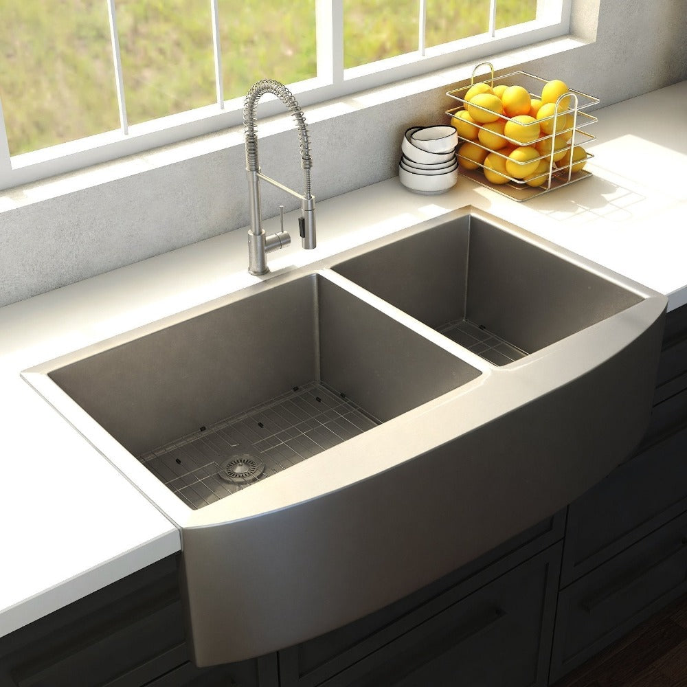 ZLINE 36-Inch Farmhouse Apron Front Double Bowl Stainless Steel Kitchen Sink with Bottom Grid - SA50D 36S - Perfect for Rustic & Modern Kitchens, Renovations & DIY Installations