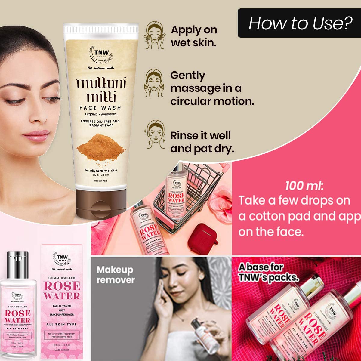 TNW-The Natural Wash Multani Mitti Clay Face Wash (100ml) & Steam Distilled Rose Water (100ml) | Gentle Cleansing & Hydrating Combo for All Skin Types | Perfect for Daily Skincare, Makeup Removal & Glowing Skin