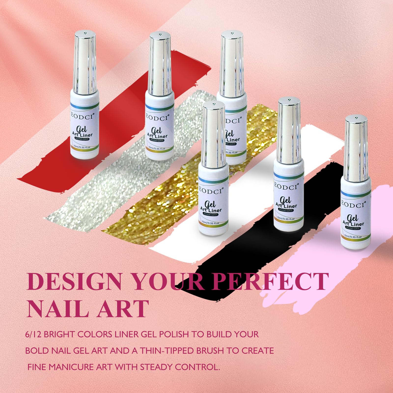 6-Piece Nail Art Liner Set - Black, White, Red, Gold & Silver Glitter Gel Polish with Thin Brush - Soak Off LED Lamp Gel Liner for Professional Manicures & Nail Designs - Perfect for Salon, Home Use & DIY Nail Art