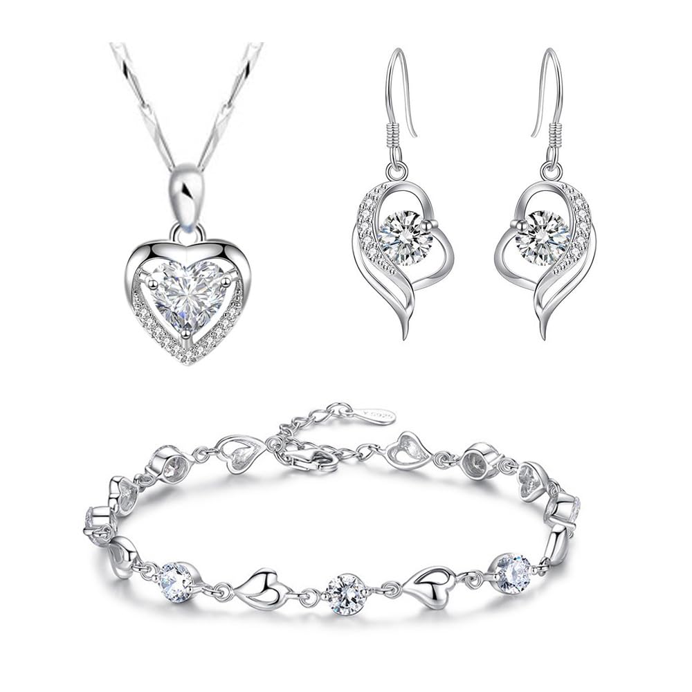 TOFBS Women's Jewelry Set - Heart Pendant Necklace, Earrings & Cubic Zirconia Bracelet Gift for Girlfriend, Wife, Mother | Valentine's Day, Anniversary, Birthday Gift Idea
